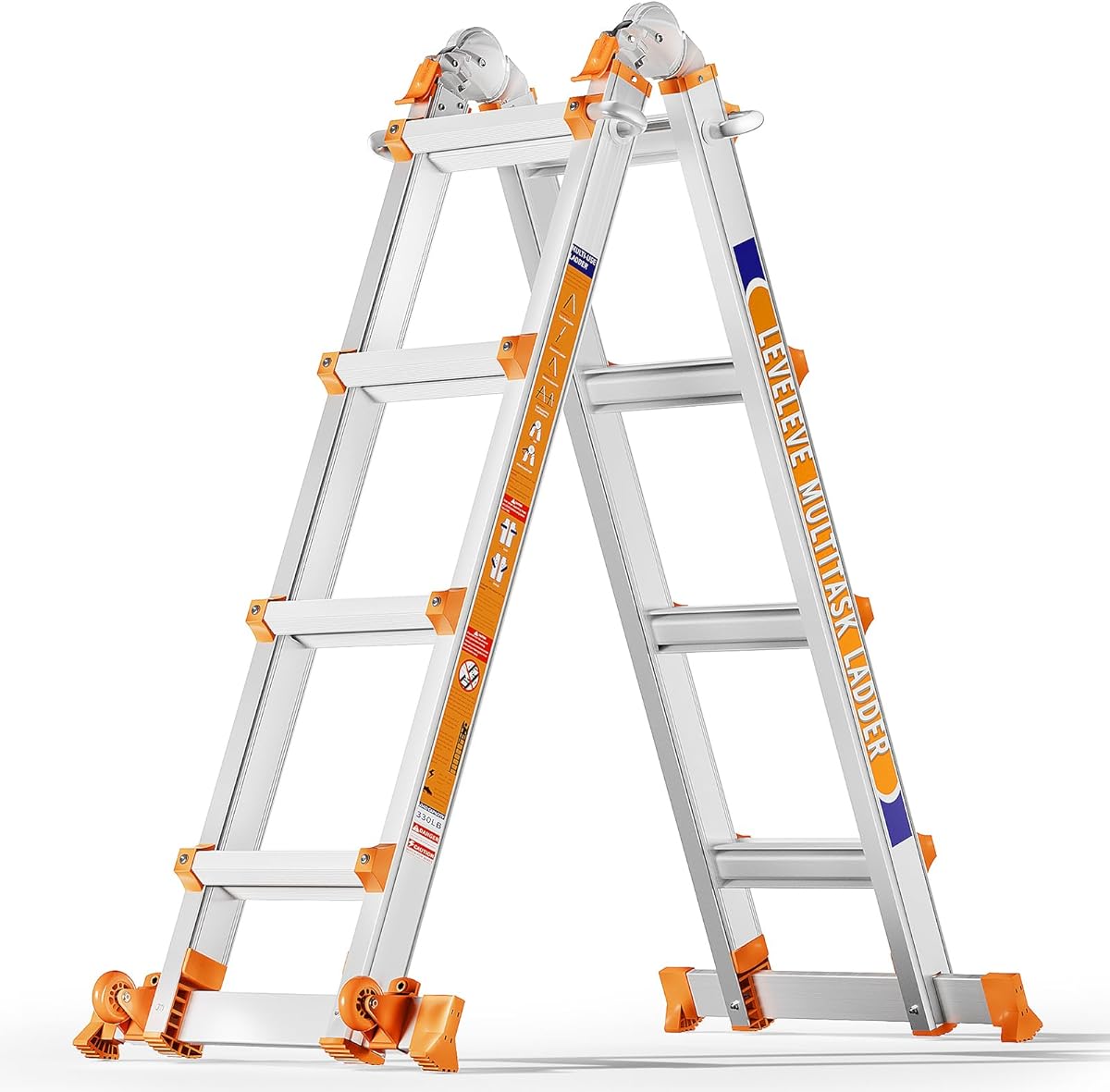 LEVELEVE Multi Position 4 Step Ladder, 14FT Extension Ladder with Stabilizer Bar & Wheels,330 lbs Security Load A Frame Ladder for Stairs Home Indoor Outdoor Roof