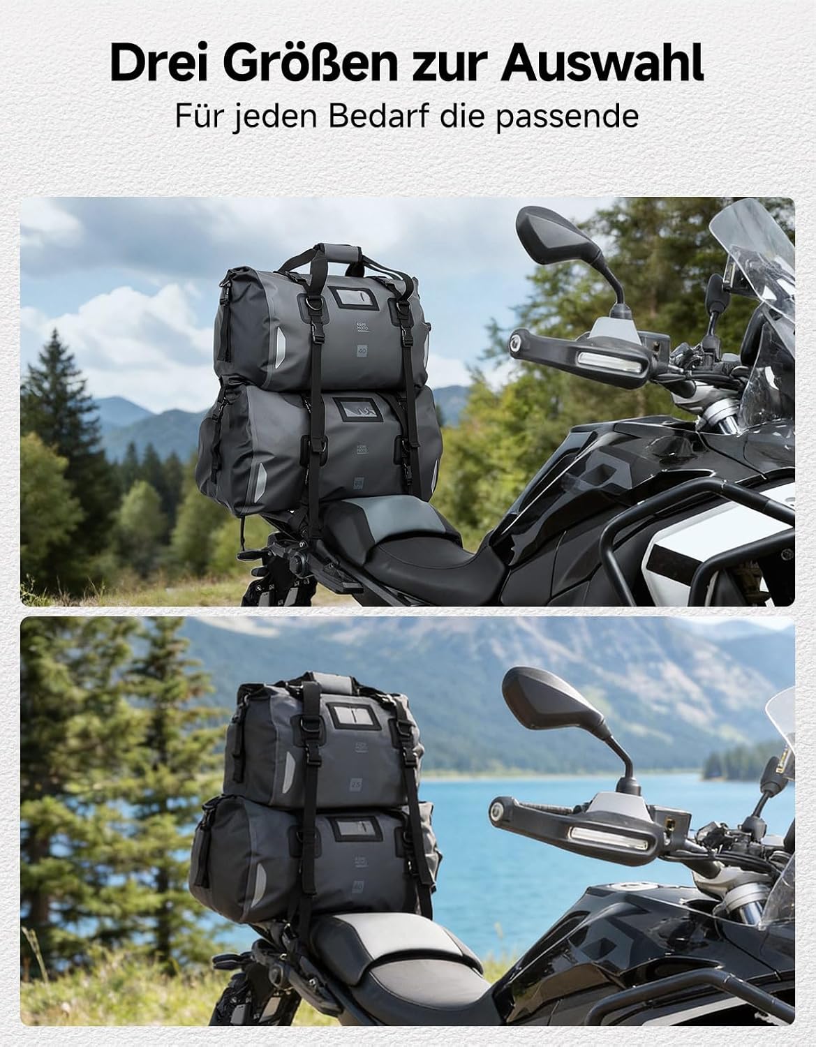 KEMIMOTO tail bags stacked and mounted on a motorcycle