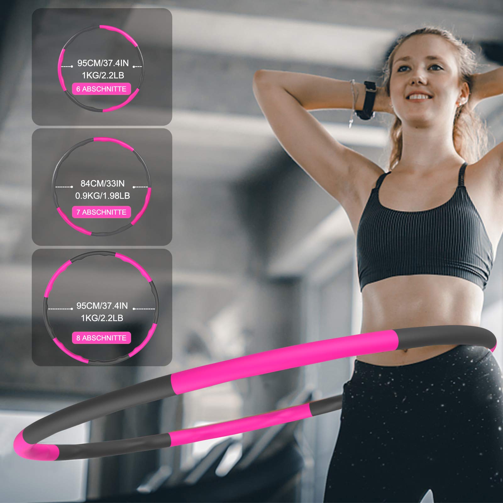 RIRGI Hoola Hoop Reifen Erwachsene & Kinder, Hula Hoop zum Abnehmen und Massage, 8-Abschnitt abnehmbar Hullahub Reifen mit Schaumstoff, Hoola Hup Reifen Fitness für Training/ABS mit Mini Bandmaß