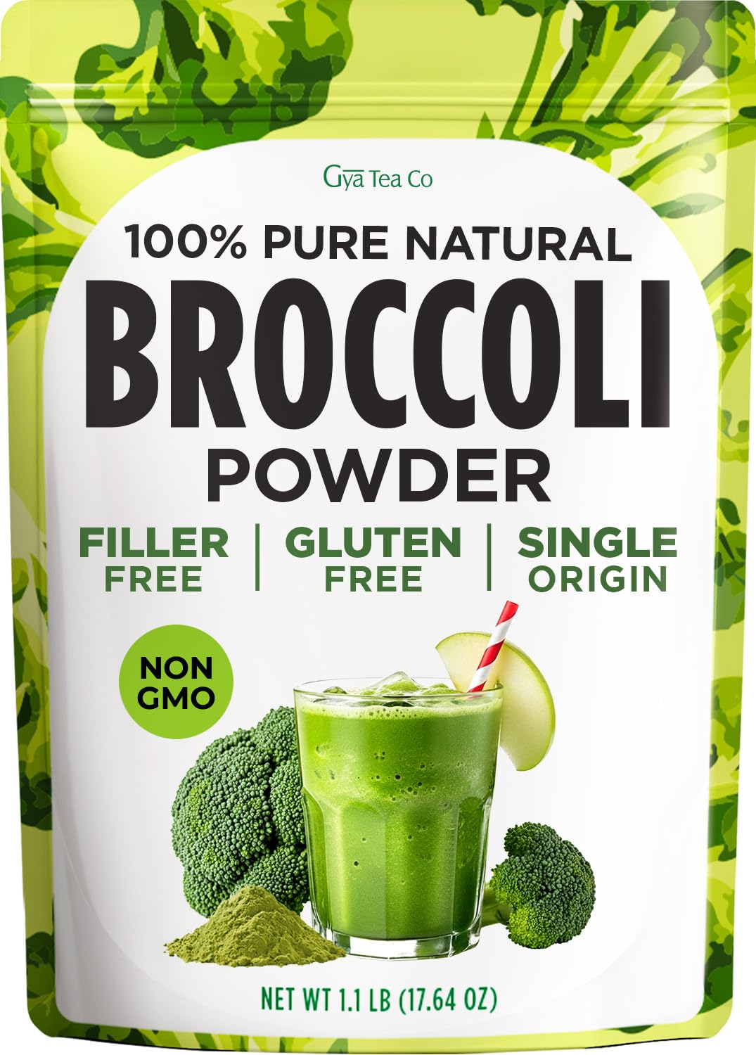 Gya Tea Co Broccoli Powder 1.1 lb (17.64 oz) - Natural Greens Superfood for Baking, Beverages, Smoothies, Drinks Mix, Gluten Free, Vegan Friendly, Non-GMO, No Additives