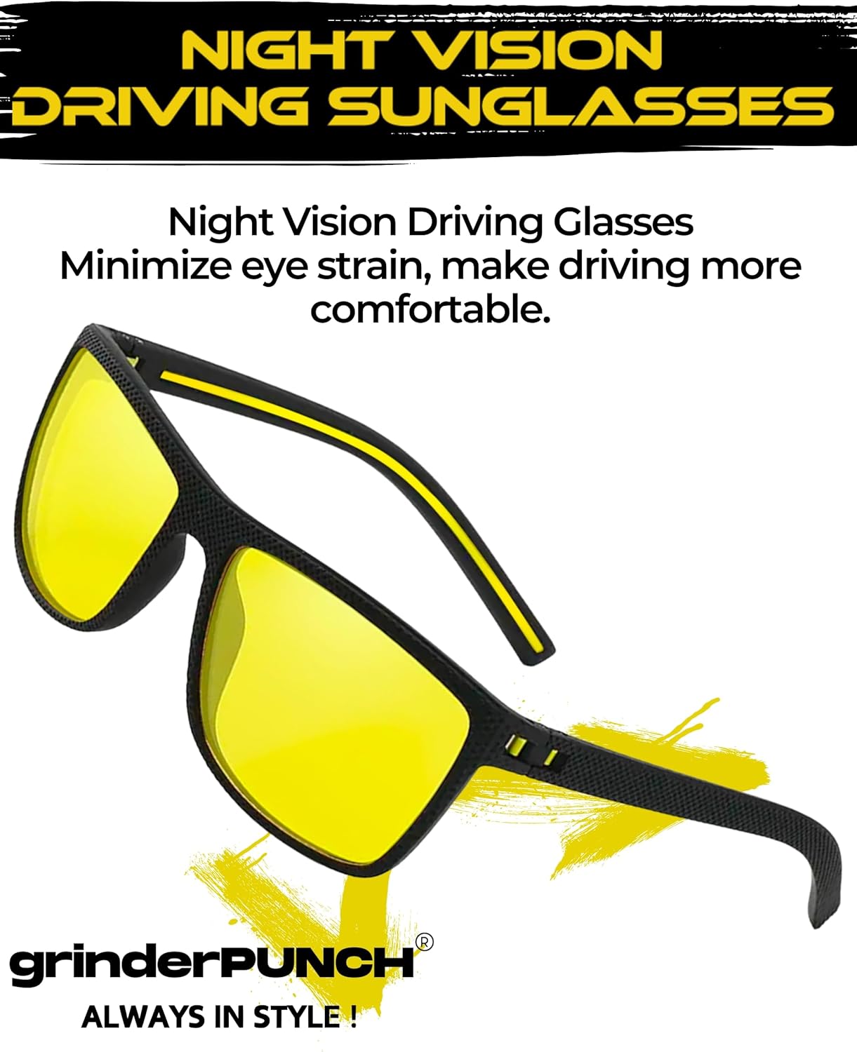 grinderPUNCH Night Driving Glasses Anti Glare Polarized For Women Men Night Vision Yellow Lens Driving Glasses UV Protection