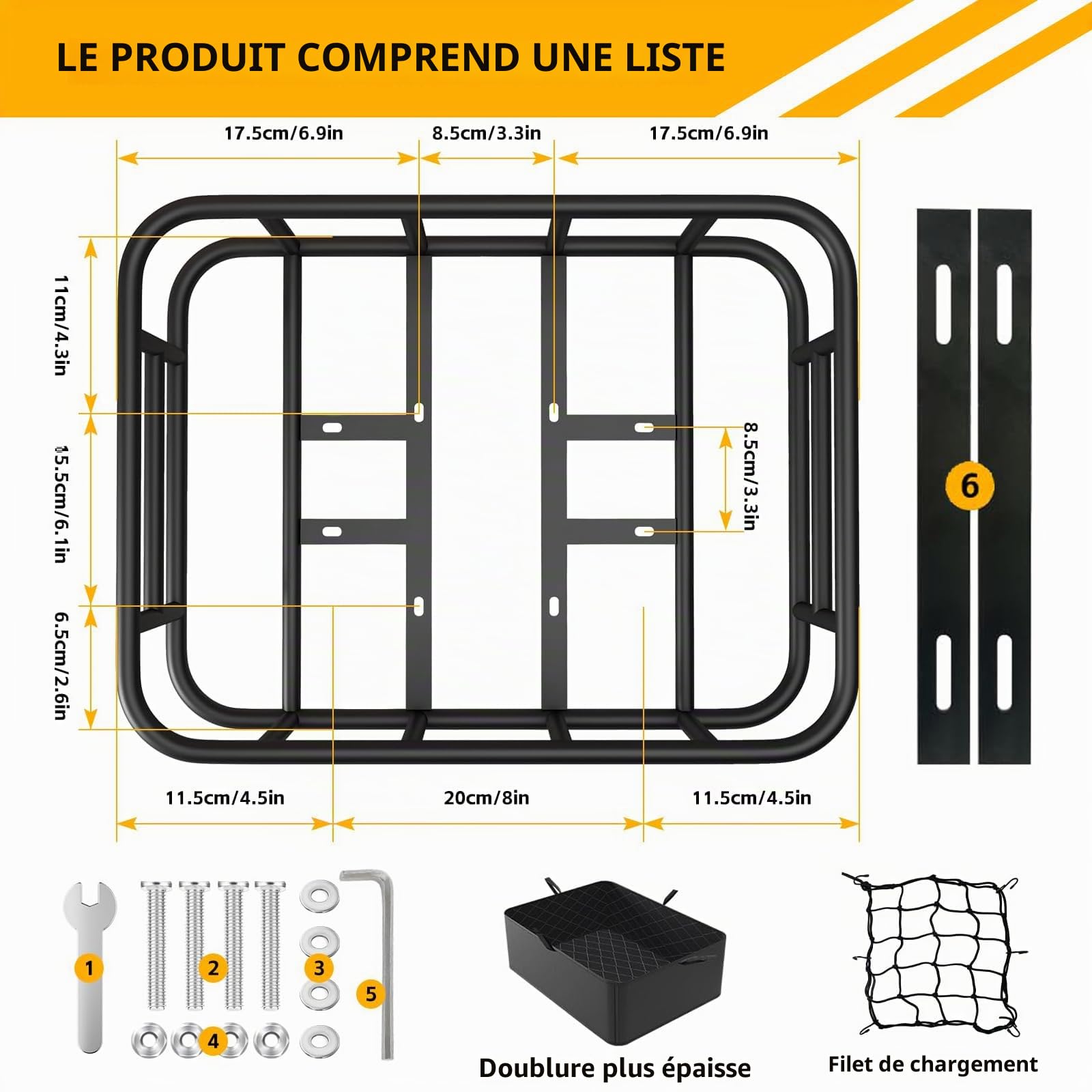 Grand Panier Velo Arriere, Panier Métallique pour Vélo Arrière, avec Filet De Chargement et Doublure, Compatible avec La Plupart des Vélos et Vélos électriques, Noir