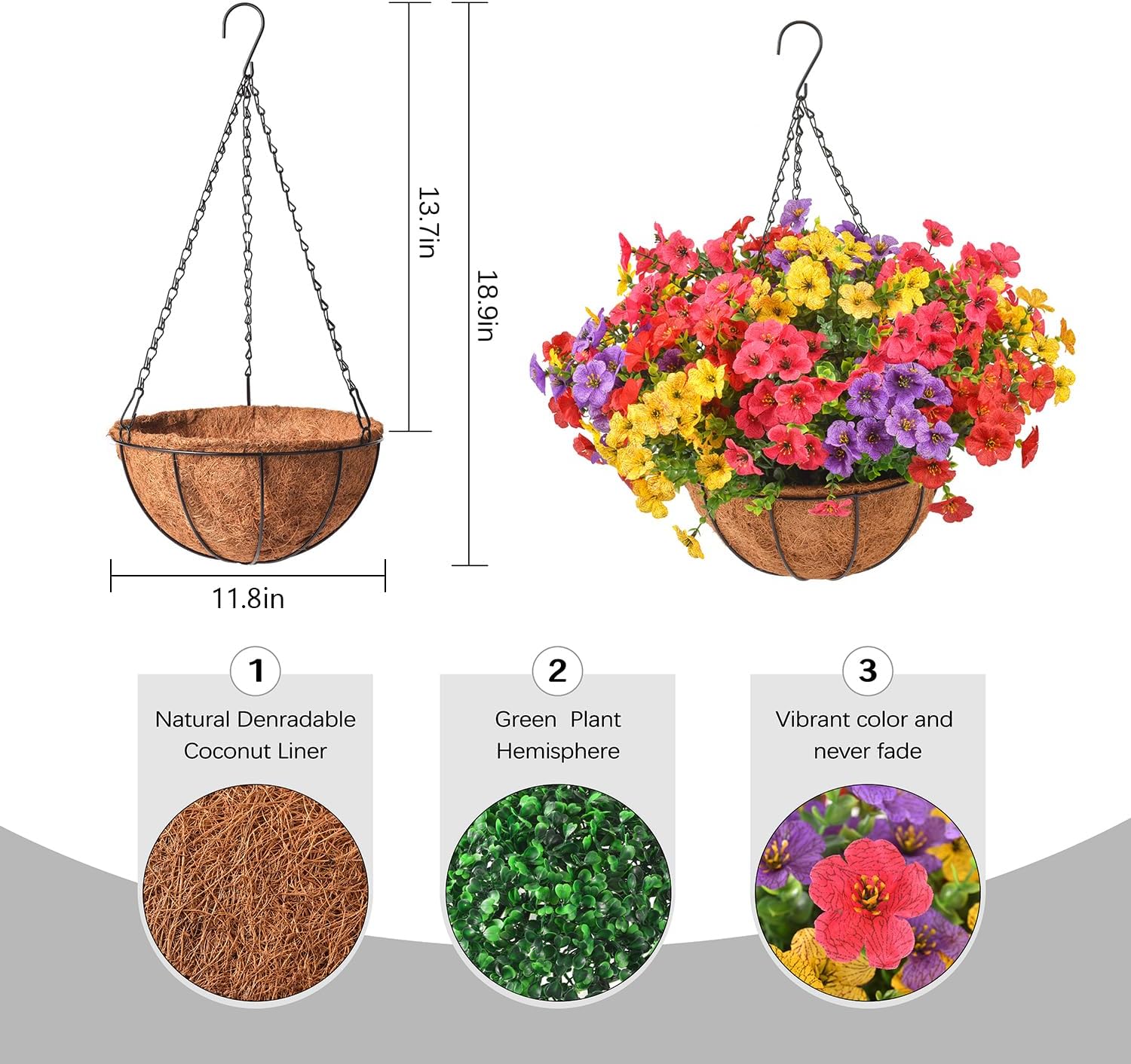 Artificial Flowers Outdoors with Hanging Baskets, Realistic UV Resistant Fake Hanging Plants, Set of 2 Hanging Planters with 24pcs Faux Silk Flower for Front Porch Garden Patio Spring Summer Decor