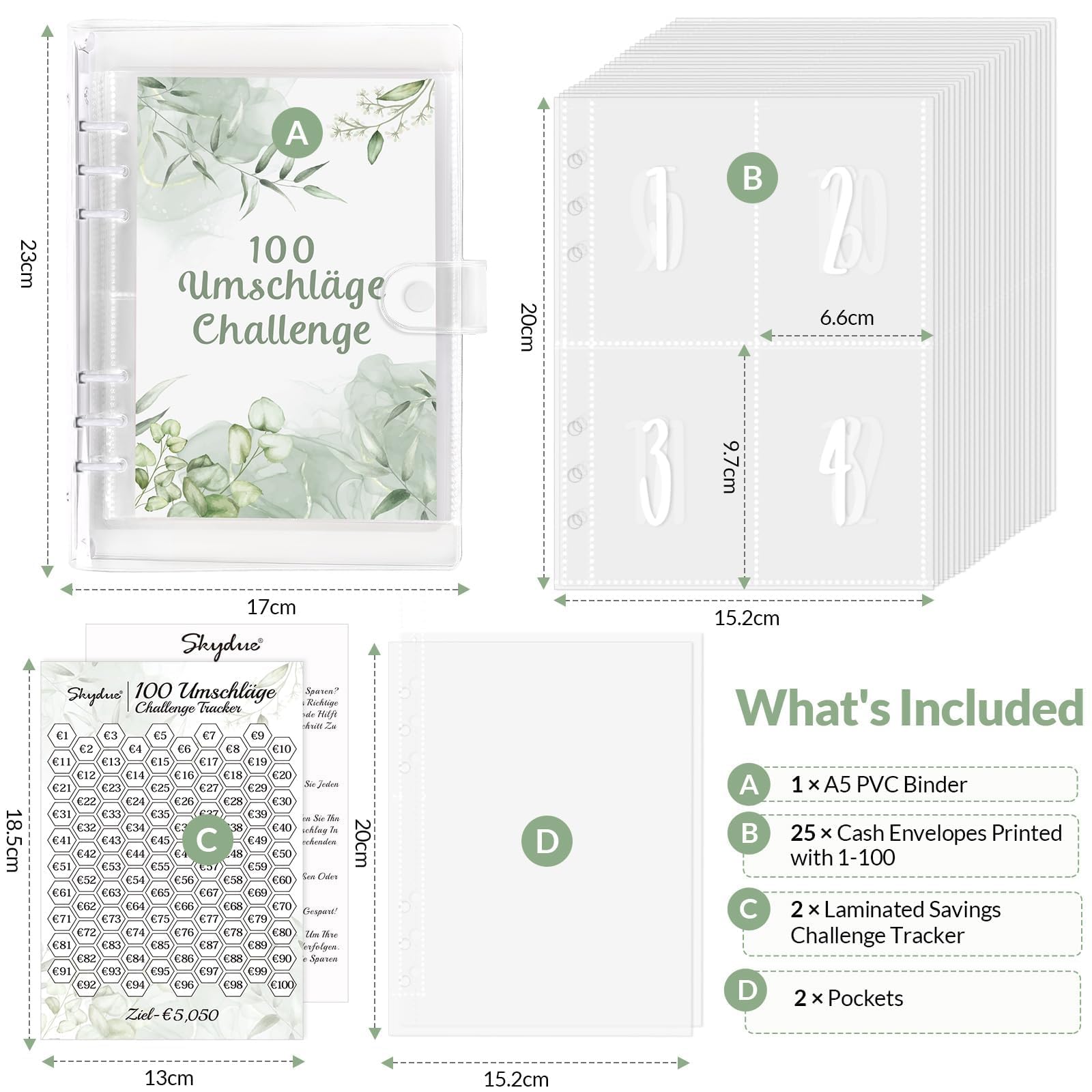 SKYDUE Segregator A5, 100 Envelope Saving Challenge Deutsch, A5 planer budżetowy z lokalizatorem wyzwań i kieszeniami wstępnymi, prosta i zabawna oszczędność pieniędzy, książka oszczędnościowa do
