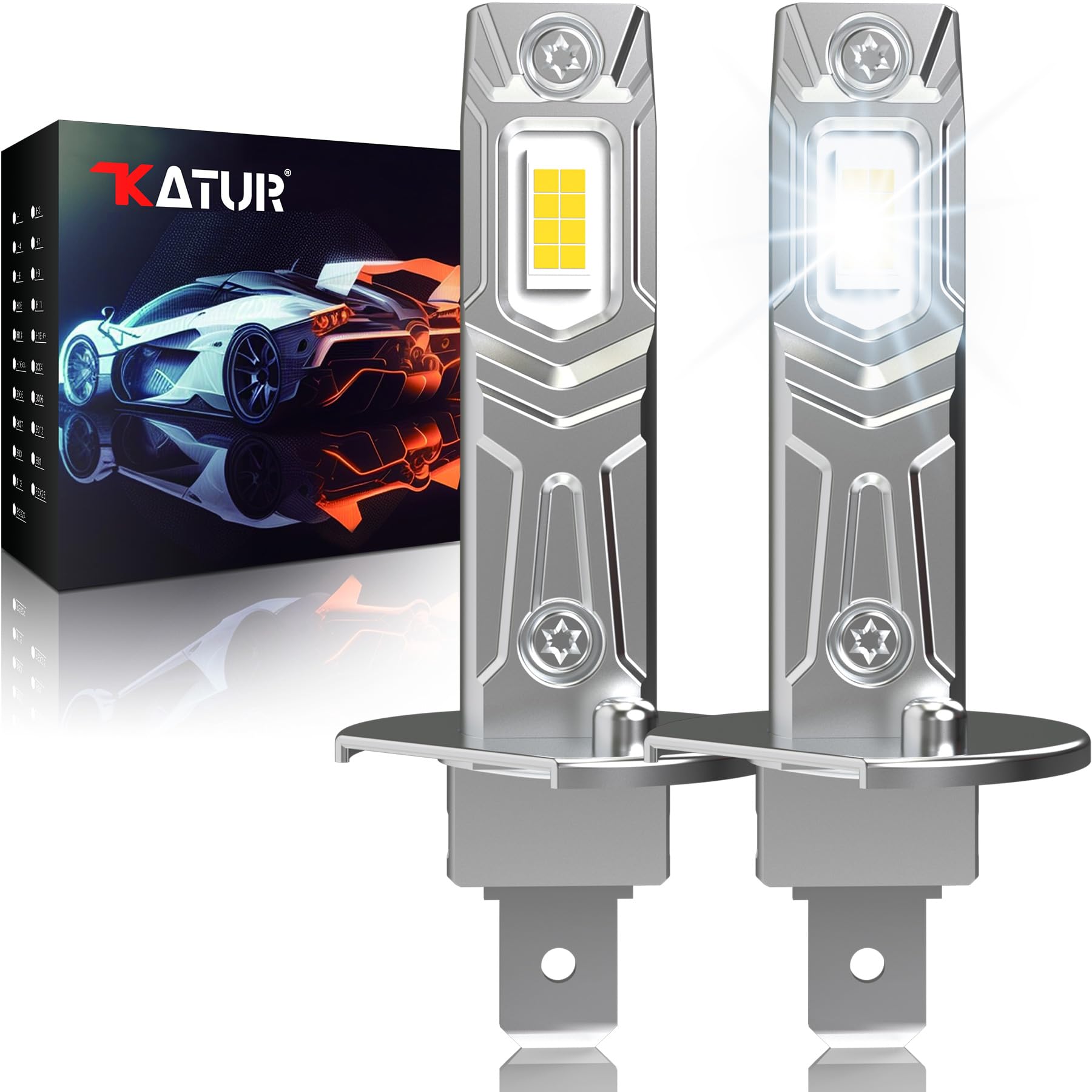 KATUR Bombilla H1 LED 26000LM, 6000K Blanco Bombilla LED H1 para Faros De Coche 80W 500% Brillo Sin Ventilador Mini Tamaño Plug and Play, Paquete De 2