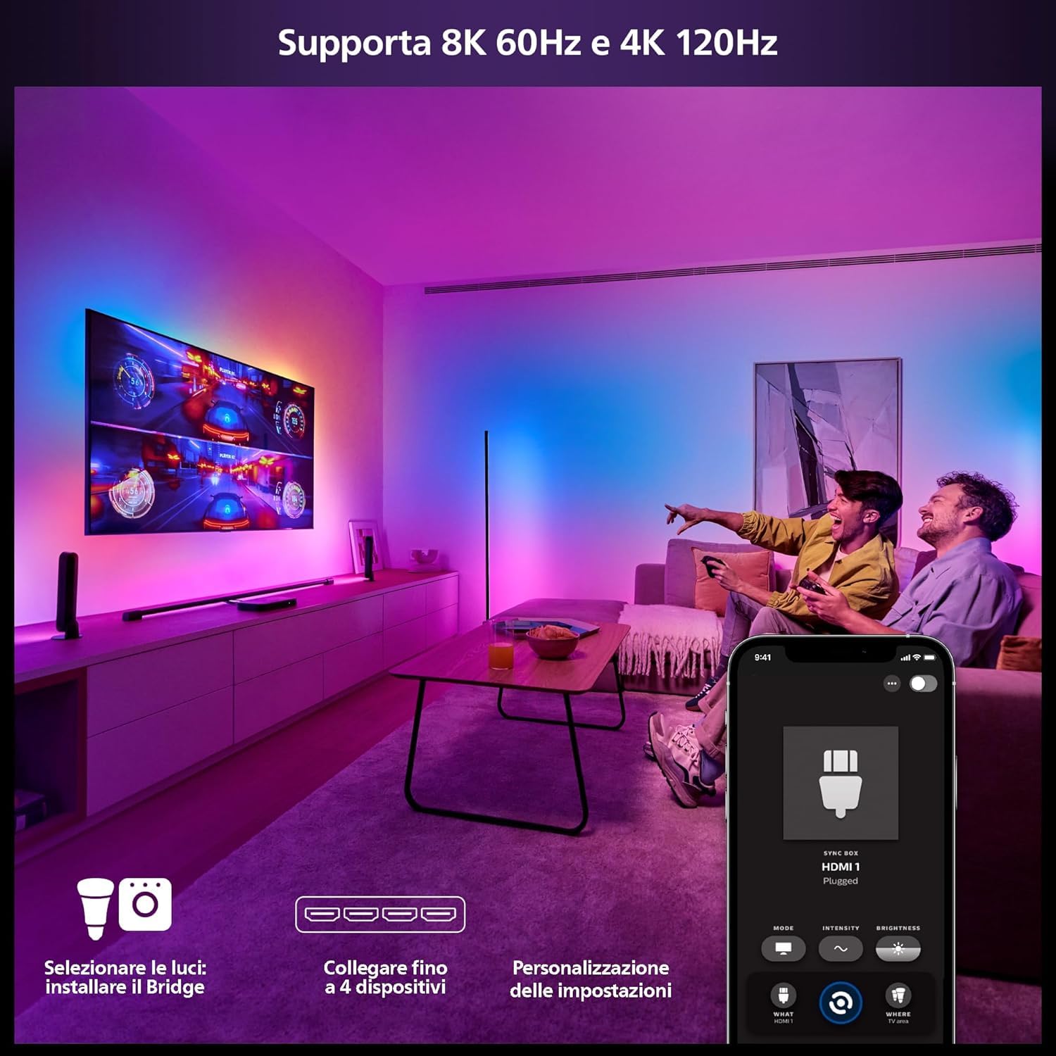 Philips Hue Play HDMI Sync Box 8K - Smart hub che sincronizza fino a 10 luci Hue - Hub luci che richiede Hue Bridge - Supporta Dolby Vision HDR10+ - Controllo con app Hue per luci smart