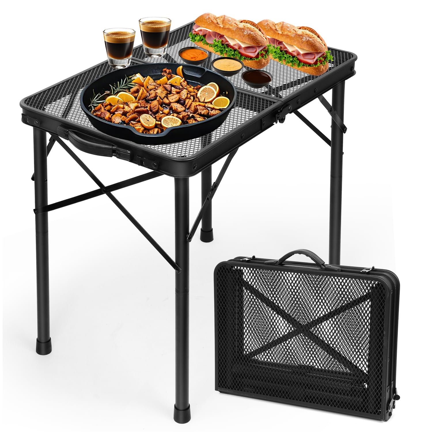 E EASTSTORM Tavolino Pieghevole da Campeggio, Tavolo Barbecue con Griglia in Metallo, 2 Regolabili in Altezza Portatile per Picnic Giardino Balcone Mercato Grigliato Spiaggia