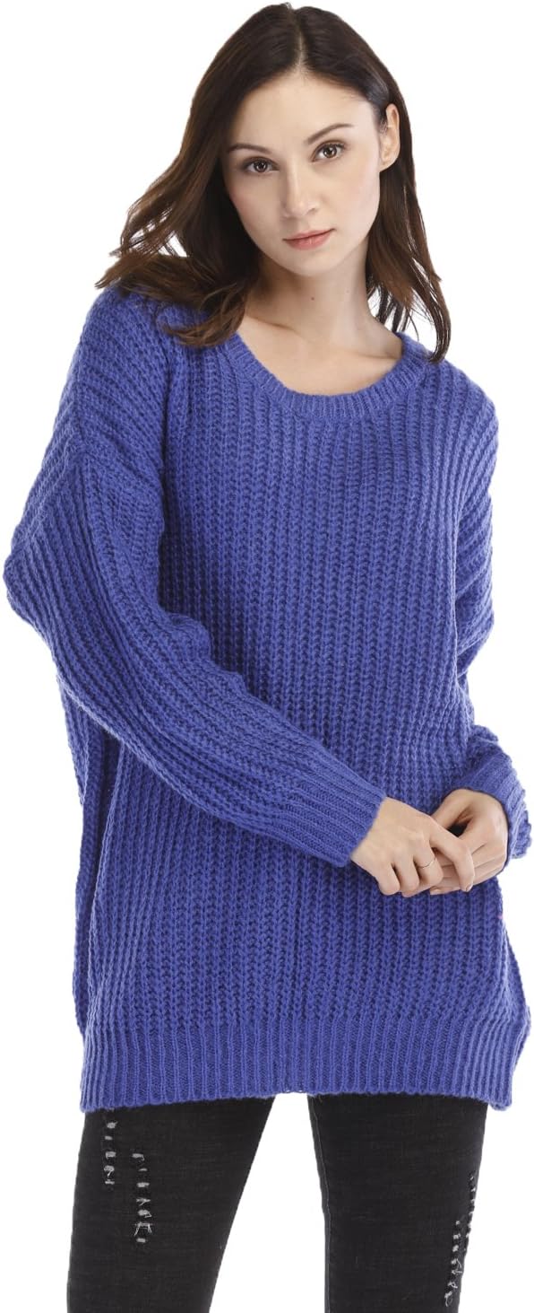 WAREN Women's Fashion Oversized Knitted Crewneck Casual Pullovers Sweater (XL, Blue)