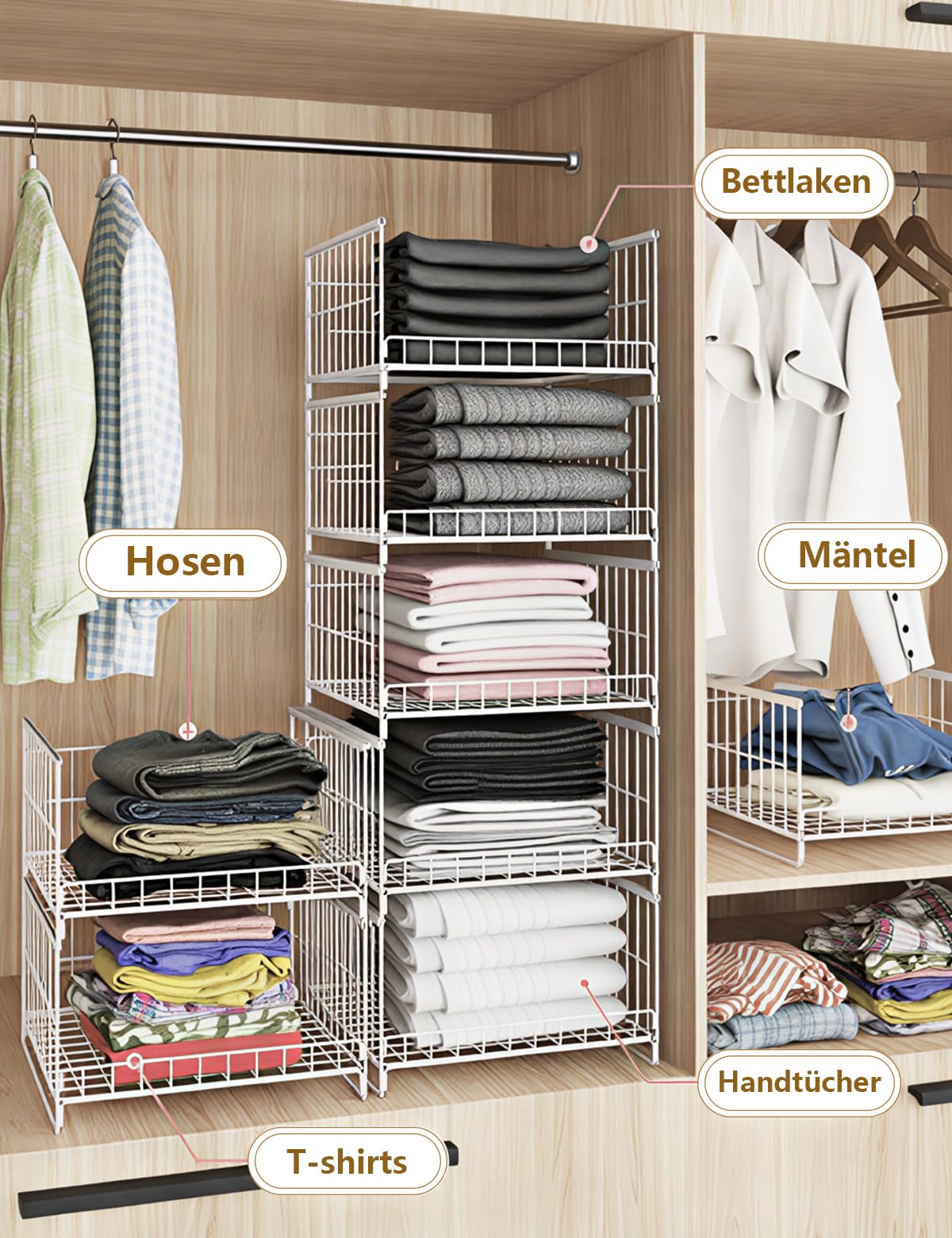 3 pezzi Contenitore impilabile per guardaroba, organizzatore per guardaroba, cestini per cassetti, sistema di organizzazione per cassetti, armadio pieghevole per casa e cucina Bianco