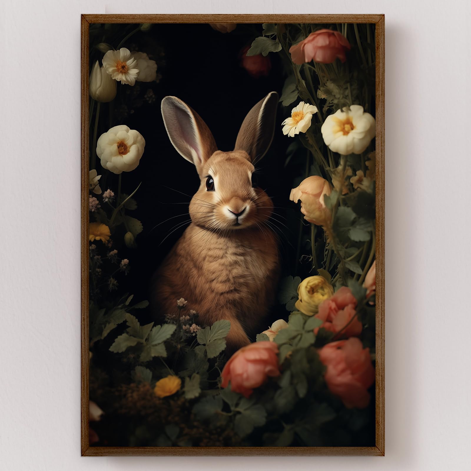 Rabbit Prints Wall Art Vintage Gothic Art Prints Bunny With Flowers Picture Dark Academia Wall Posters Forest Animal Canvas Vintage Bunny Painting