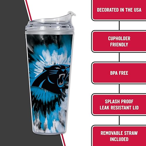 Miniatura 322 de Rico Industries NFL - Vaso de purpurina acrílica de 24 onzas con tapa con bisagras, vaso de doble pared con licencia oficial y popote Tie Dye