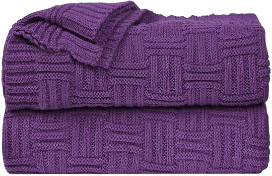 uxcell 100% Cotton Cable Knit Throw Blanket,Soft Lightweight Lap Blanket,Textured Solid Sofa Throw Couch Cover Decors Knitted Blankets, Grape 50"x 60"
