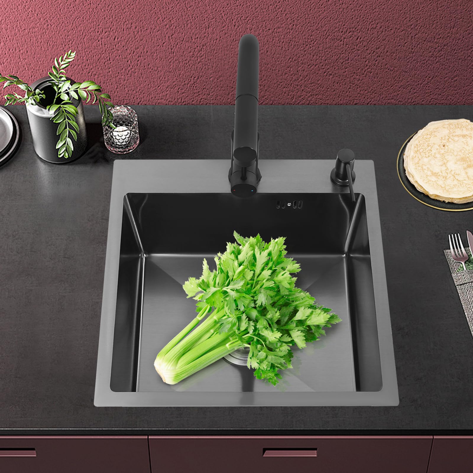 Fregadero de cocina negro de acero inoxidable, 45 x 45 x 18 cm, con grifo extraíble, escurridor, dispensador de jabón, tubo de sifón, dispensador de jabón, válvulas de esquina, para cocina