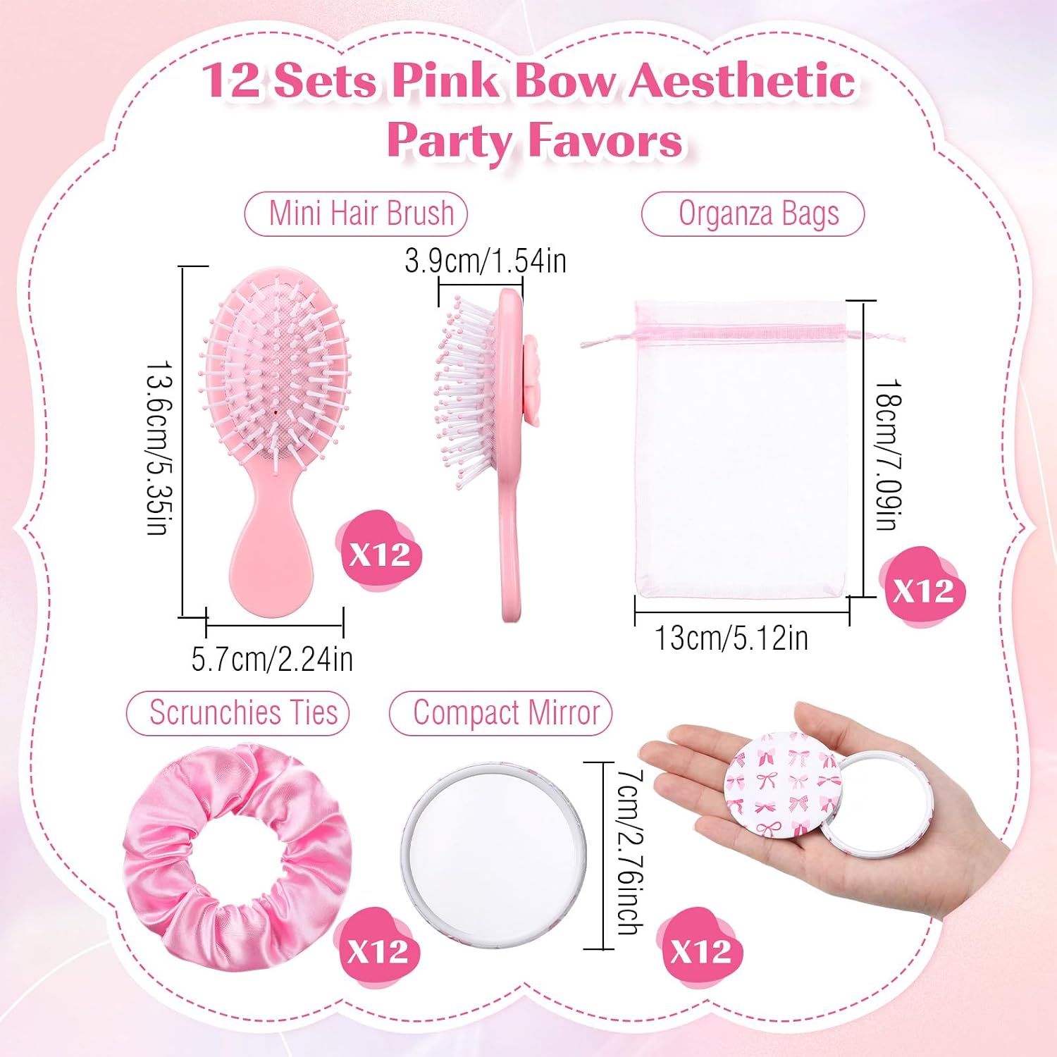 48 Pcs Coquette Bow Party Favors for Women Bow Compact Mirrors Mini Hair Brush Scrunchies Ties Organza Bags Thank You Gift Baby Shower Supplies (Basic Bows,Pink)