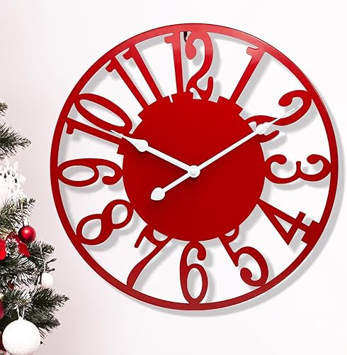 Miniatura 8 de Reloj de pared grande de 16 pulgadas para decoración de sala de estar, silencioso y moderno, funciona con pilas, reloj decorativo de metal rojo para