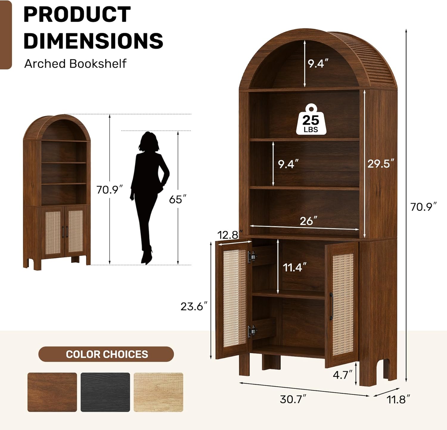 71'' Tall Arched Cabinet, Boho Bookshelf with Adjustable Shelves, Narrow 6-Tier Bookcase for Living Room, Kitchen, Office (Brown)