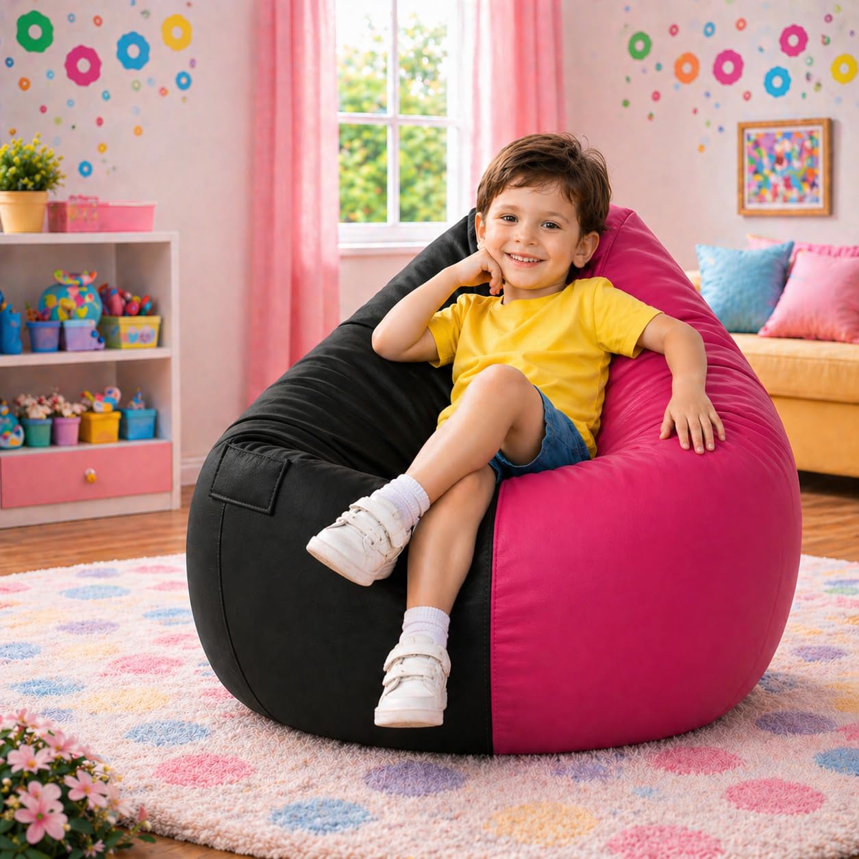 Kids Teardrop Bean Bag Cover Only with Side Pocket | Premium Leatherette Bean Bag Chair Cover for Boys & Girls | Soft, Durable & Lightweight Kids Seating Cover | Upto 100 Kg (Black::Pink,XXXL)-picture-10