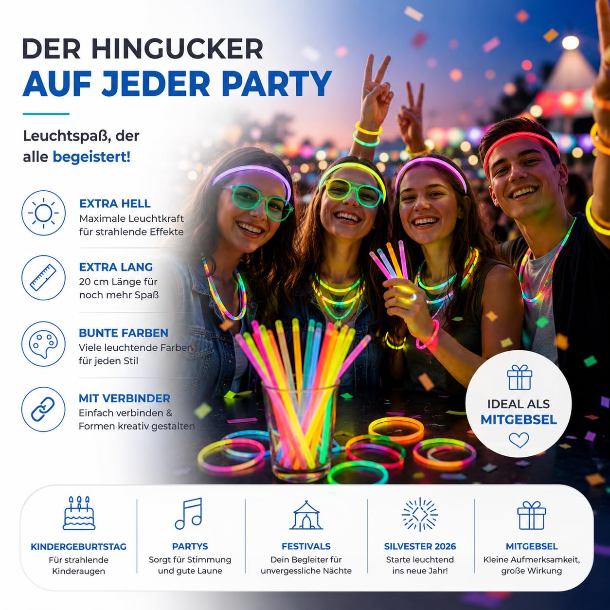 PYROHELD 1000x Knicklichter - Leuchtstab - extra Hell & Lang - in bunten Farben für Kindergeburtstag, Party, Silvester, Mitgebsel, Festival, Geburtstag - Glow Sticks mit Verbinder (1000)