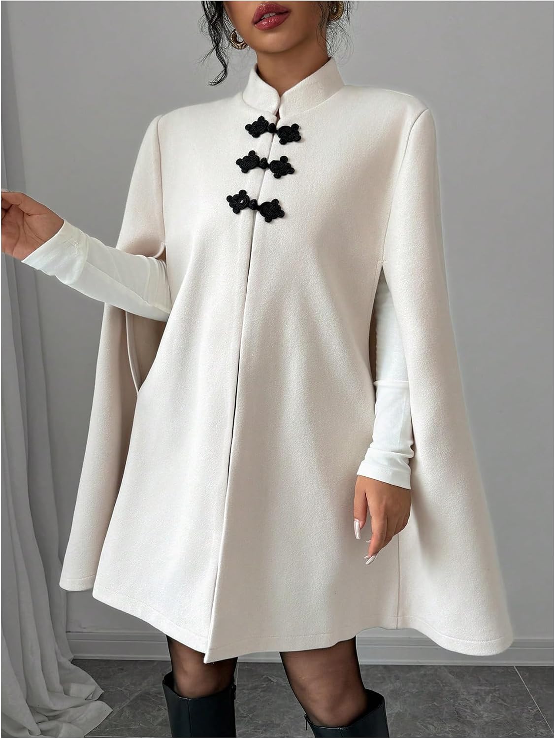 MakeMeChic Women's Mock Neck Cape Sleeve Trenchcoat Knot Front Loose Fit Business Winter Coats