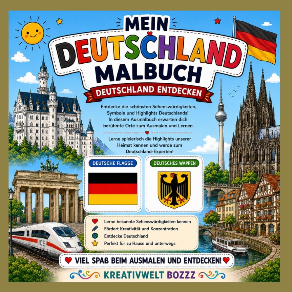 Deutschland Malbuch: Sehenswürdigkeiten, Wahrzeichen, Wappen, Flaggen und Landschaften entdecken und ausmalen