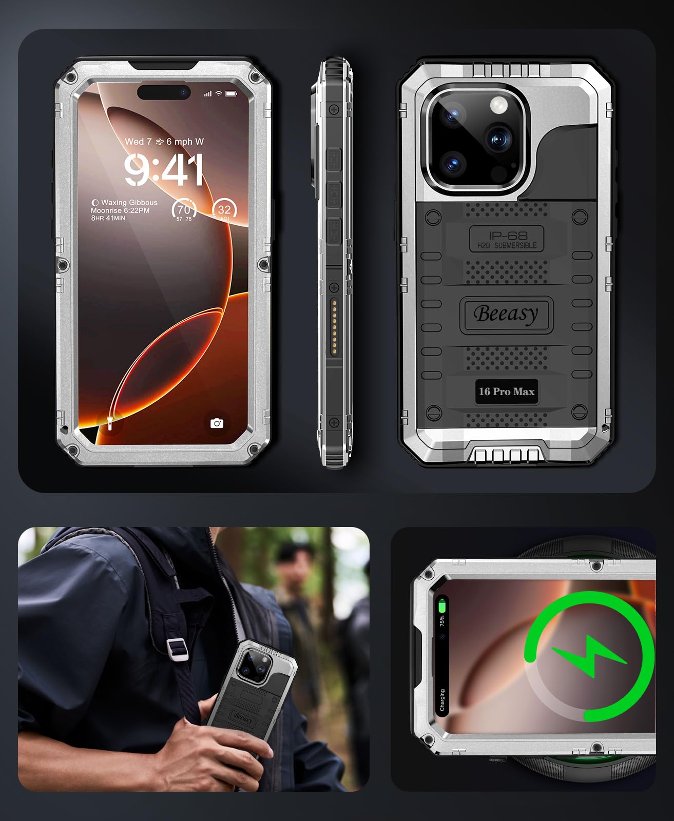 Beeasy Cover per iPhone 16 Pro Max IP68 Impermeabile Custodia Militare Antiurto Resistente 360° Metallo Armor Protezione Schermo Integrata Rugged Robusta Indistruttibile Subacquea Antipolvere Argento