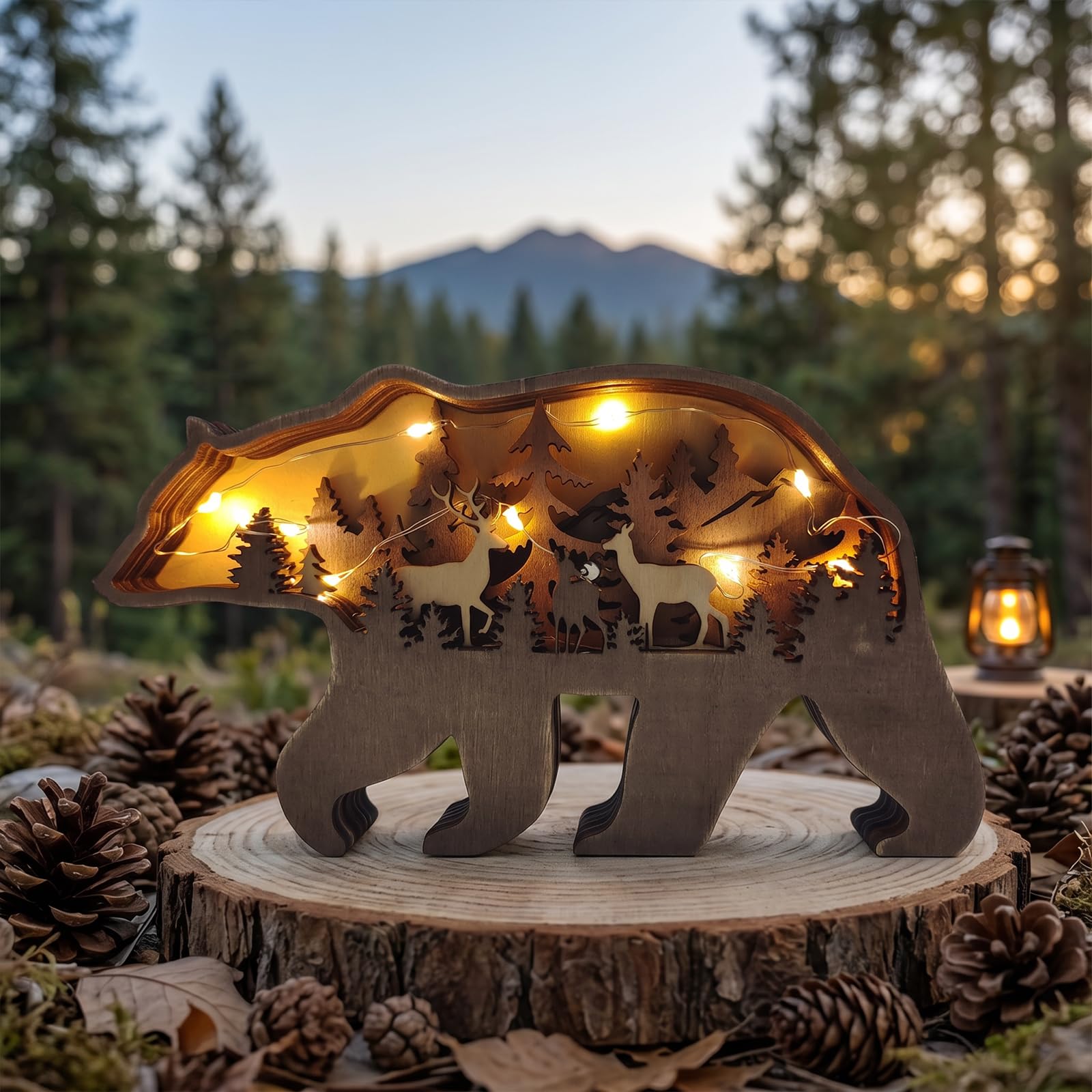 Drawelry Lámpara 3D de madera tallada en forma de animales - Decoración de interior - Oso lindo - Familia de elefantes - Idea de regalo para Navidad, salón, oficina - Luz nocturna LED cálida - Regalo