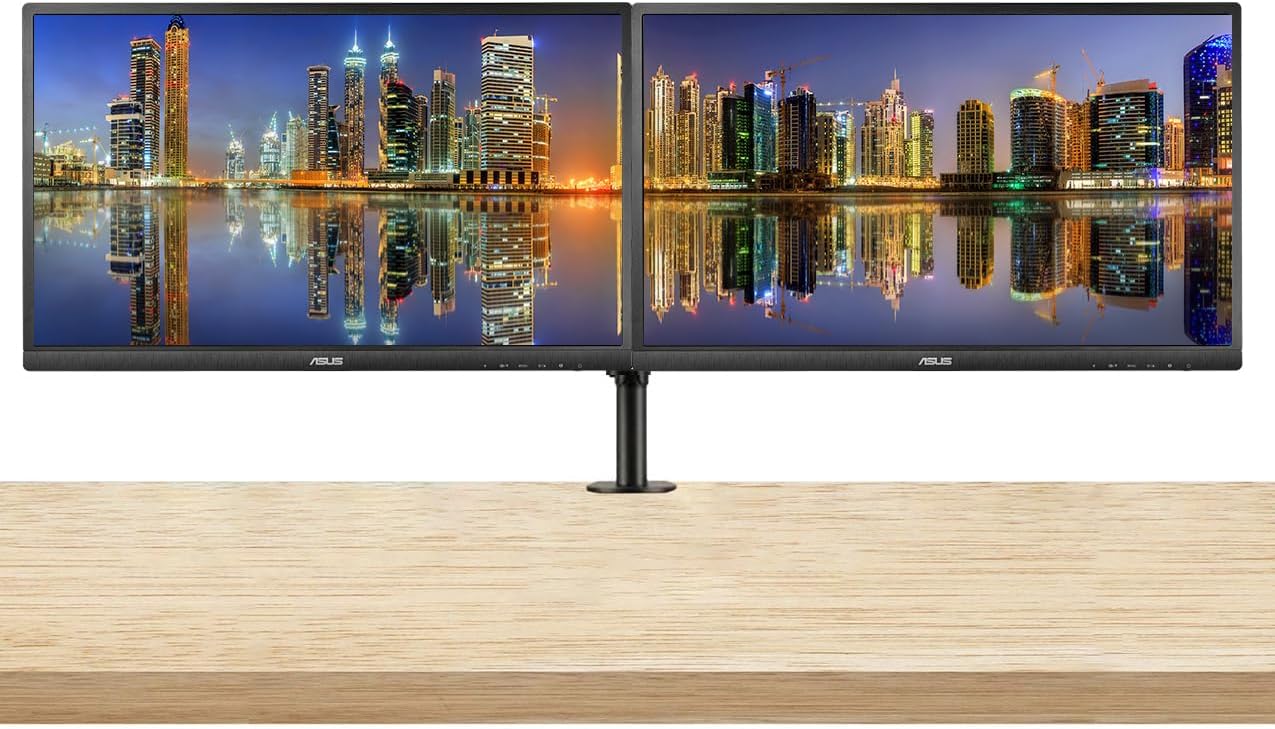 ASUS VA329HE monitor connected to a dual monitor stand