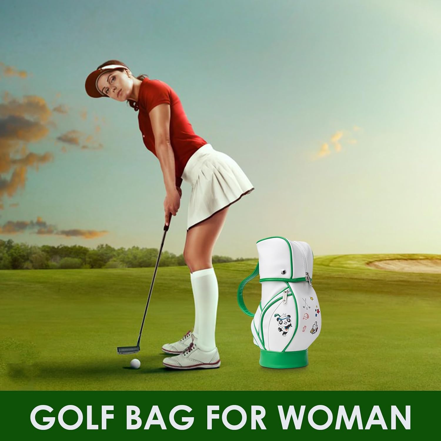 Golf Bags for Women, Mini Cute Panda Printed Golf Ball Storage Bag, Travel Golf Bag, PU Leather Portable Golf Ball Carry Bag Tee Holder for Training and Practicing