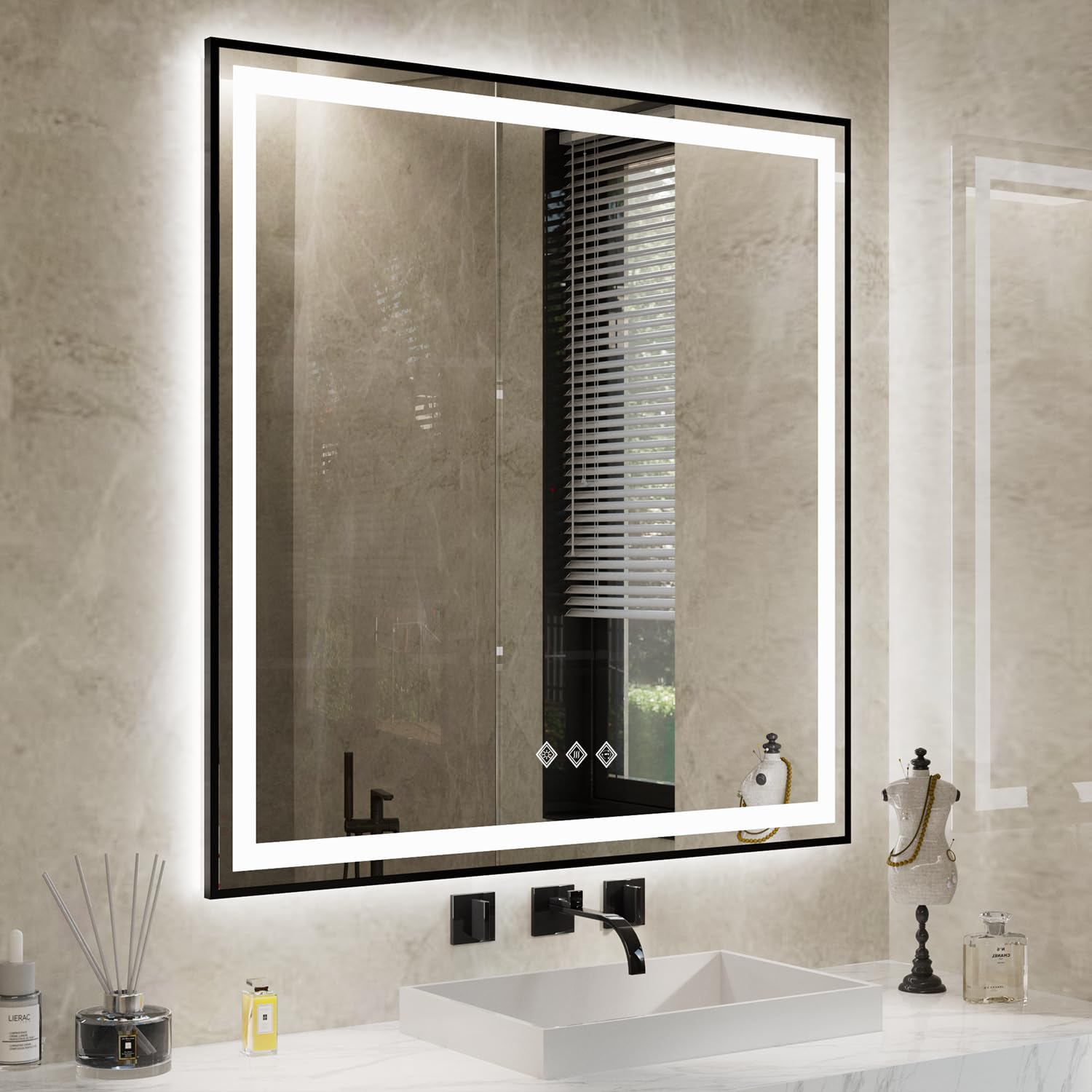 VanPokins LED Bathroom Mirror, 40x40 Inch Black Framed