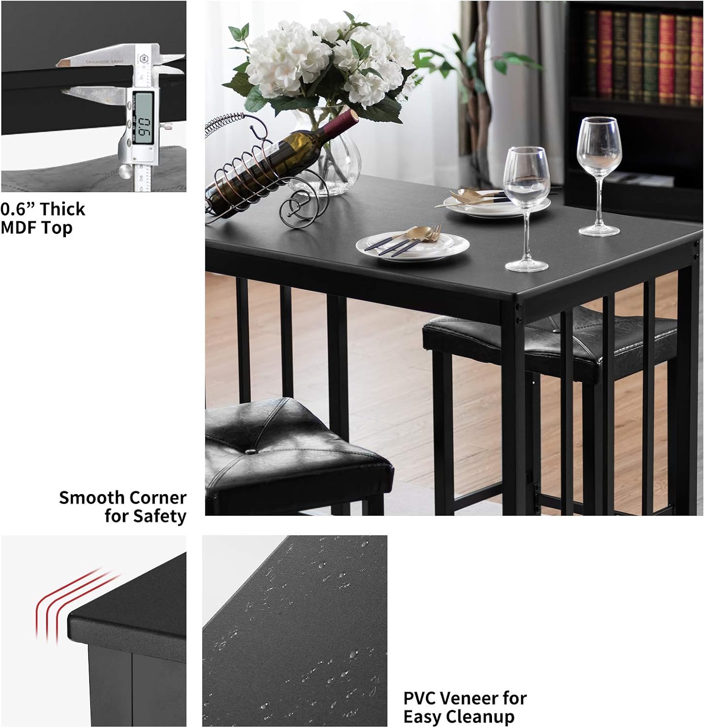 Giantex 3 Piece Dining Set, Counter Height Table Set with Black Frosted Tabletop and Metal Frame for Kitchen, Bar or Apartment w/ 2 Faux Leather Backless Stools, Compact, Space-Saving Design