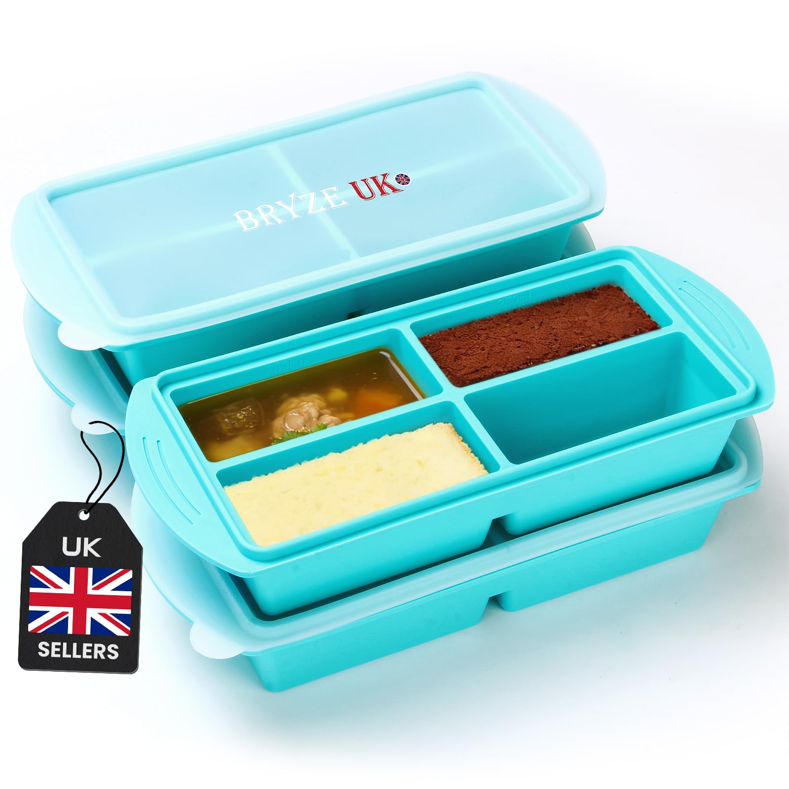 Bryze 4 Pack Extra Large Soup Containers For Freezing, Silicone Cube Freezer Mould With Lids, Meal Prep Storage Containers, 4-Compartment Freezer Tray For Sauces, Soups, Broths, And Ice Cubes