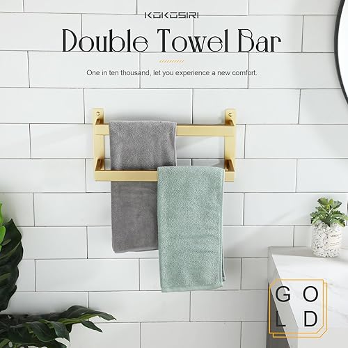 Miniatura 3 de KOKOSIRI Toalleros de baño de 16 pulgadas con escalera de 2 niveles de oro cepillado, toalleros montados en la pared, estantes de acero inoxidable,