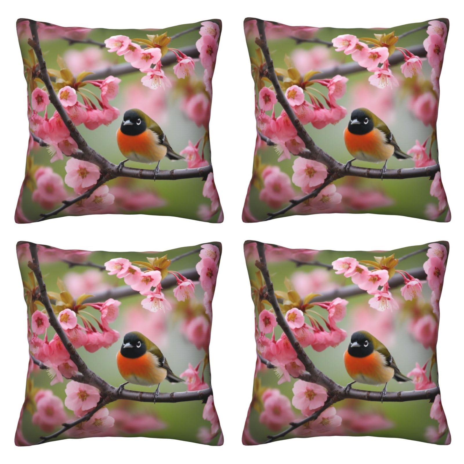 Bird in Peach Tree Throw Pillow Cases 4 Pack Square Pillowcases Super Soft Pillow Protectors With Zipper for Couch Livingroom Sofa Bed Office Car,50x50 CM