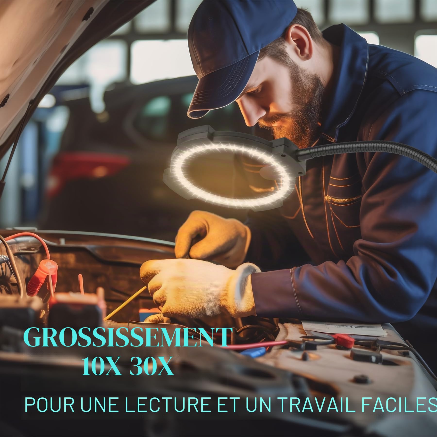 Loupe grossissante 10X 30X avec lumière et sur pied, lampadaire à 54 LED à intensité variable, 3 niveaux, loupe lumineuse 2-en-1 col de cygne pour la lecture, la couture, l'artisanat, le travail de