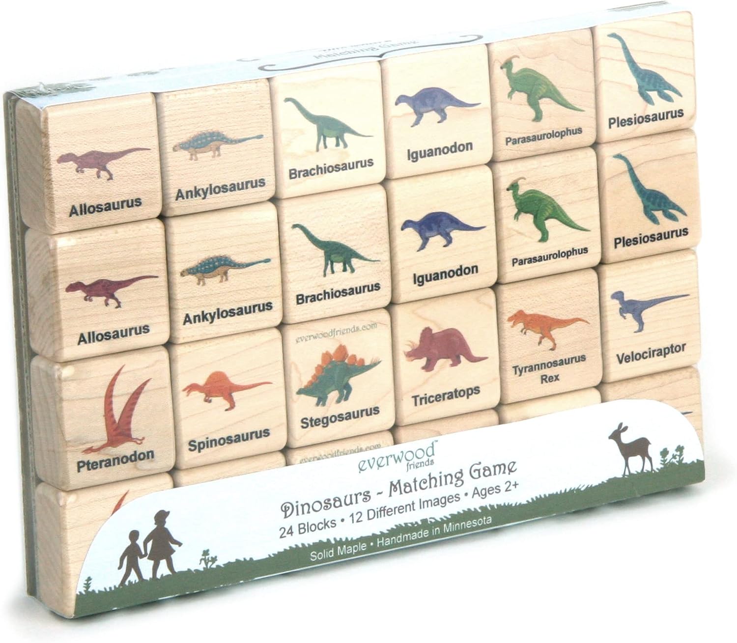 24 pc Colorful Dinosaurs Matching Game, Solid Wood Hard Maple Blocks, Made in USA Heirloom Quality Toys