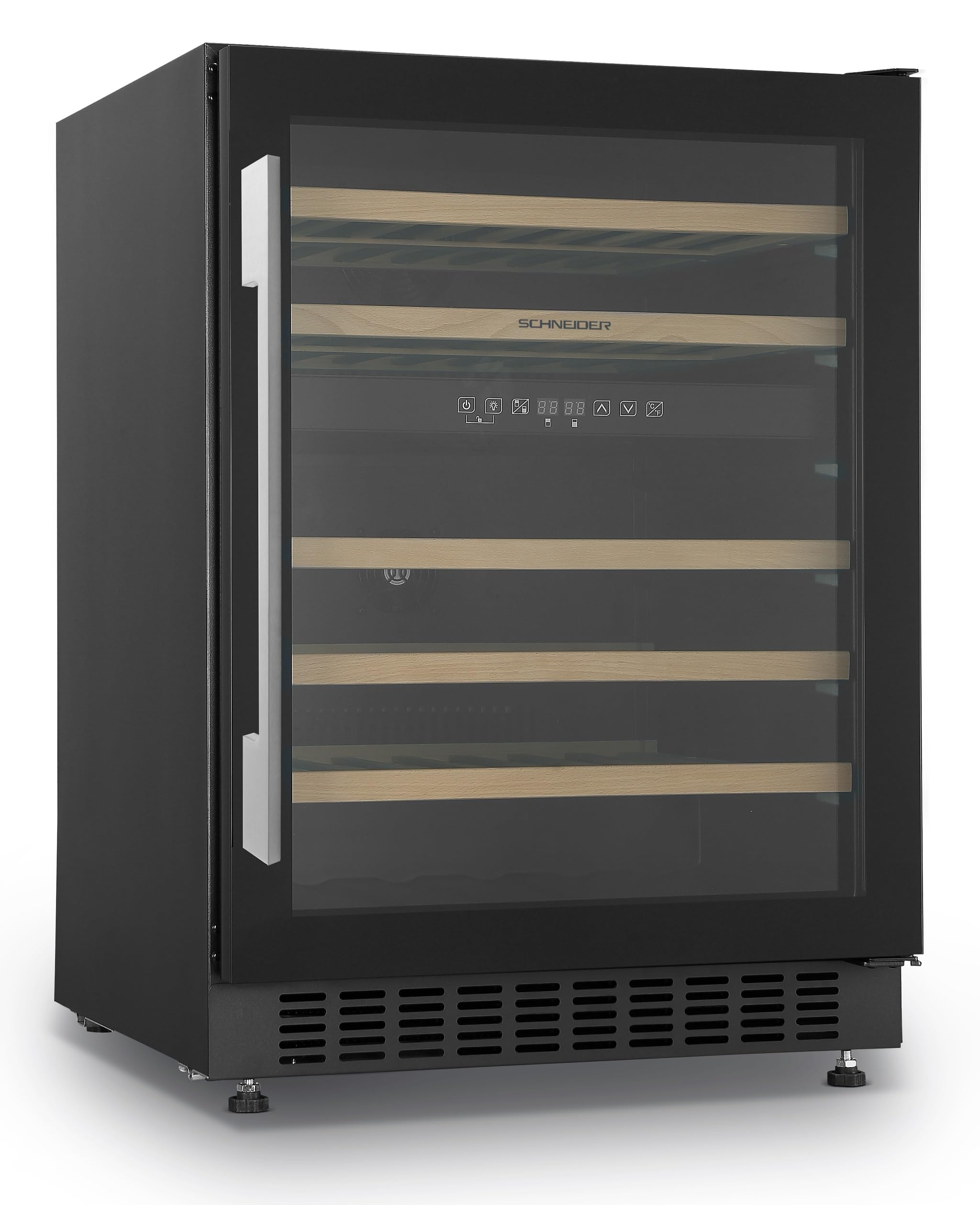 Schneider SCCVEF6246, Cave à vin encastrable, 46 bouteilles, 5 clayettes coulissantes, Froid brassé, 2 zones de températures, Mise en température, Porte traitée anti-UV
