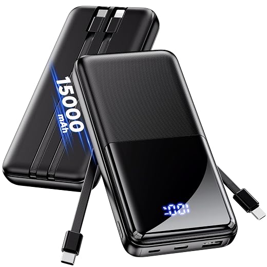 Portable Charger Power Bank - Slim 15000mAh 50% Larger Capacity Battery Pack, USB C 22.5W Fast Charging Powerbank with Built-in Cable, Travel Essential Phone Charger for iPhone Samsung Google Android