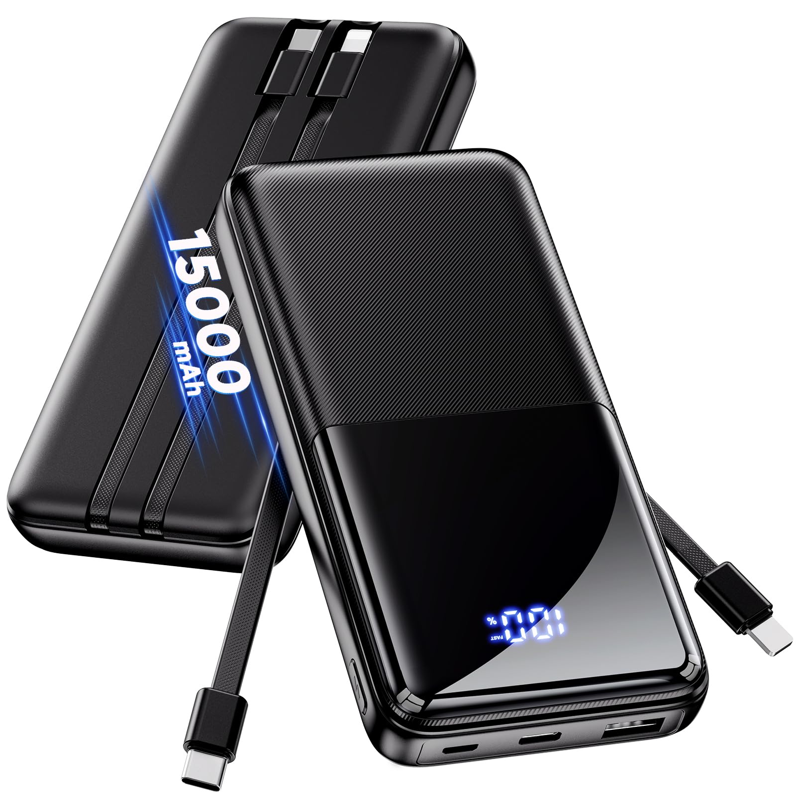 Powerbank - Slim 15000mAh, capacidad 50% más grande, batería USB-C 22,5W, carga rápida con cable integrado, cargador de viaje para iPhone, Samsung, Google, Android