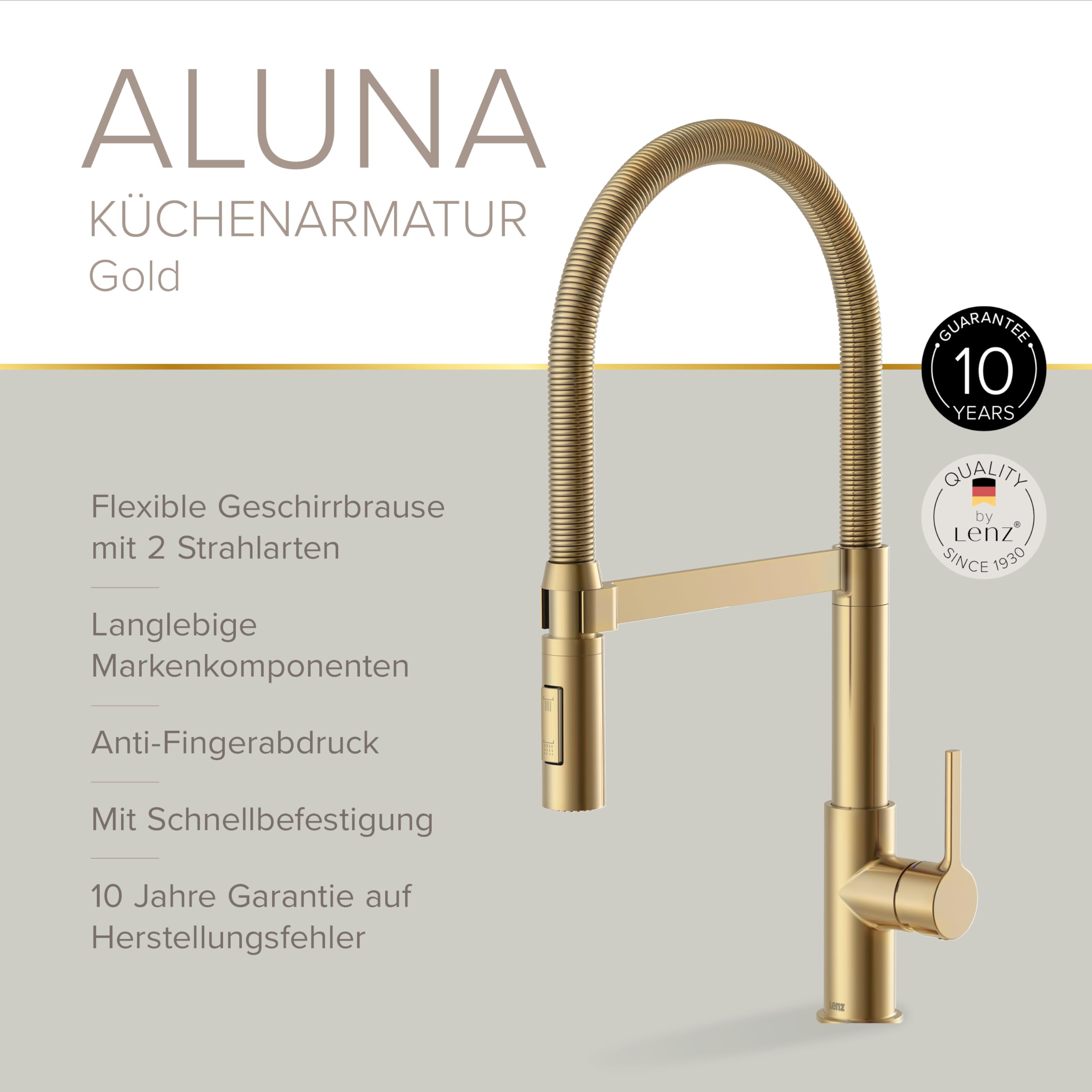 Lenz Rubinetto da cucina ALUNA in oro – doccetta flessibile con 2 tipi di getto, superficie anti-impronte – cartuccia in ceramica di alta qualità e ugello di marca – 46070541