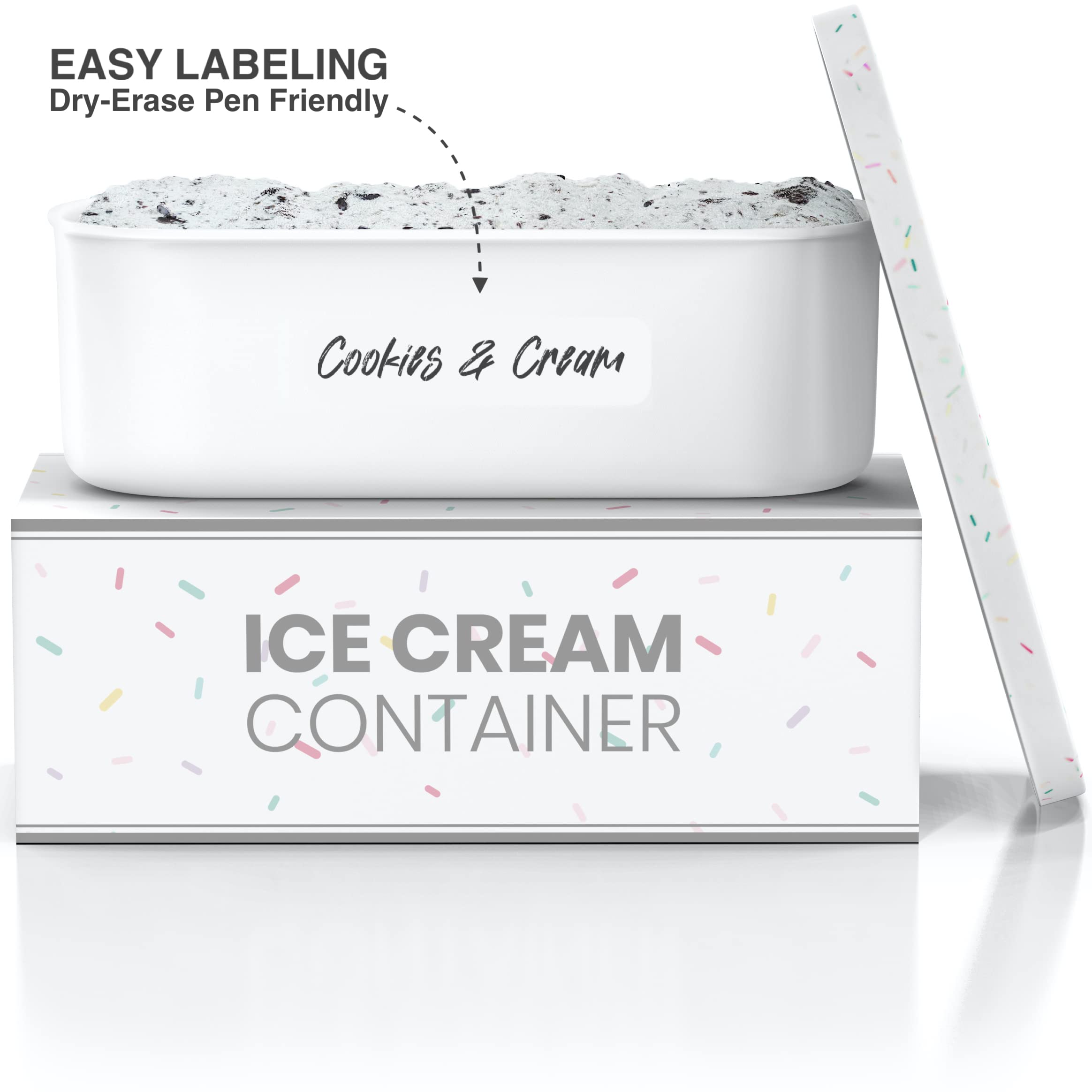 BALCI, Eisbehälter, 2 Liter, perfekte wiederverwendbare Gefrierschrank-Aufbewahrung für hausgemachte Eisbecher für Sorbet, gefrorenen Joghurt und Gelato, flexible Silikondeckel, lange Schaufel,