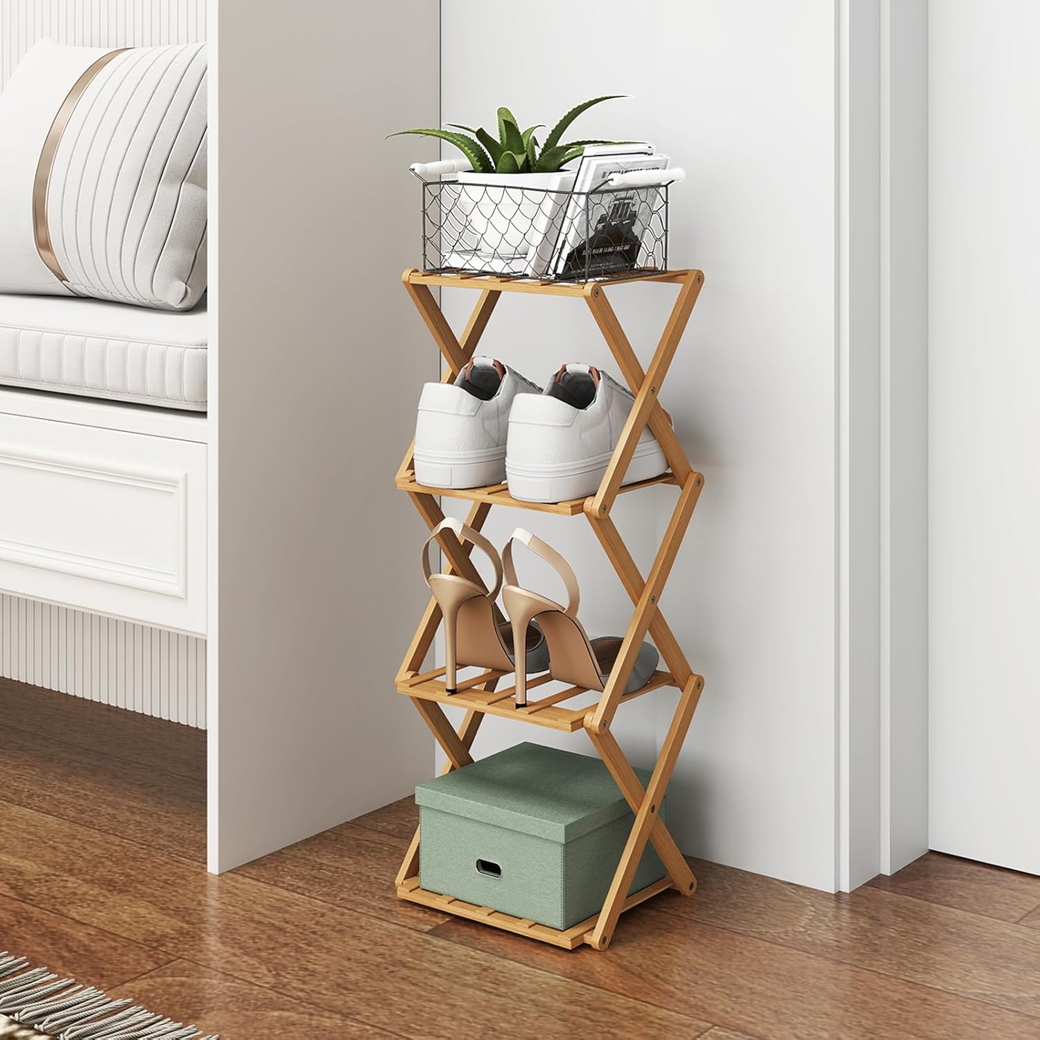 Tall Slim Shoe Rack Storage Shelf, Narrow Space Saving Organizer for Entryway Hallway Apartment(Bamboo - Folding,5 Tier Standard)