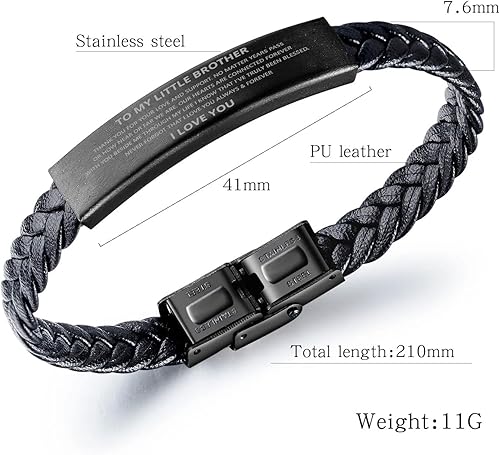 Miniatura 2 de DARIN GIFT - Pulsera de cuero trenzado con texto en inglés "To My Little Brother", regalo de hermano hermana, gracias por tu amor y apoyo, regalos