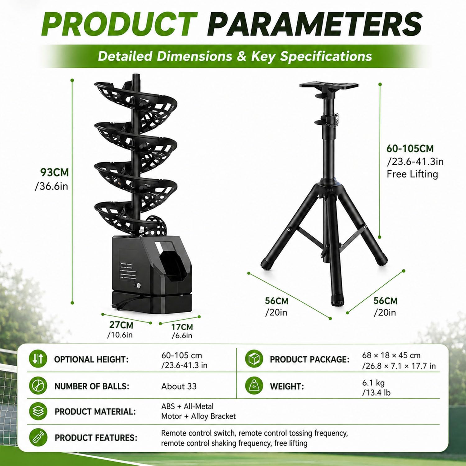 Macchina Servizio Tennis Portatile Altezza 60-105cm Telecomando | Treppiede regolabile per esercizi vari. Ideale per palestre e campi da tennis.
