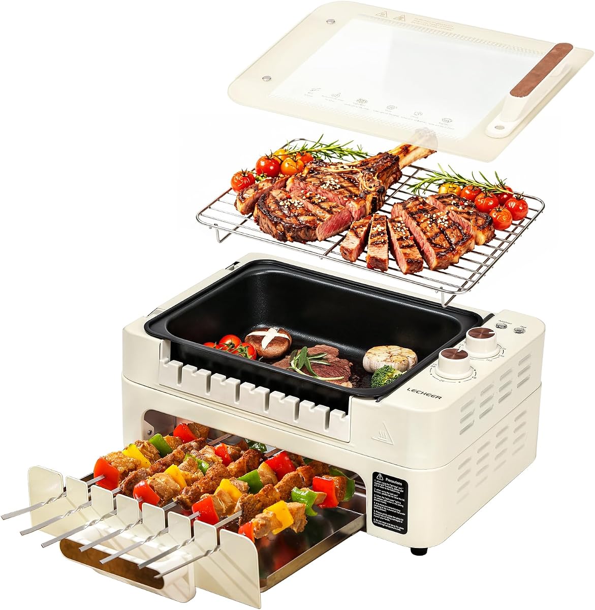 4-in-1 Electric Indoor Grill with Lid and Auto-Rotating Kabob Skewers | 1000W Smokeless Countertop Cooker, 20-Skewer Capacity, Adjustable Temperature, Nonstick Removable Grill Plate and BBQ Rack
