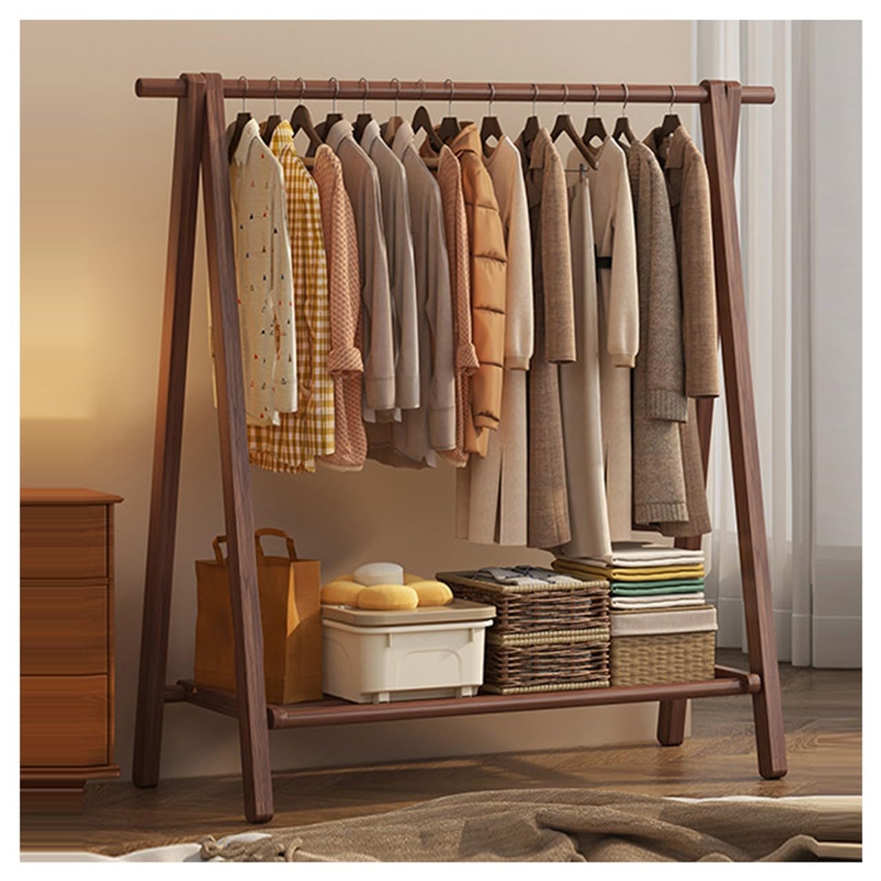 BEARQUN wooden clothes rail rack Coat stand Rack, Large Foldable Hanging Clothes, Stand Garment Rack with Storage Shelf/shelf, Maximum Load 100kg, clothe storage wardrobe:60/80/100/120CM