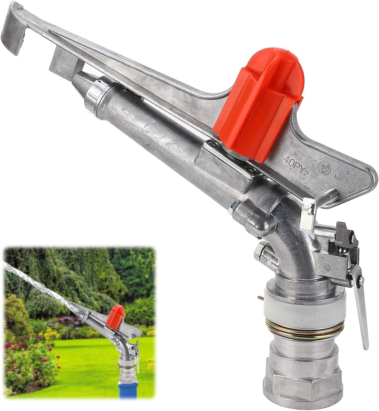 Regulowany Pistolet Zraszający do Nawadniania, 2-calowy do Podlewania Dużych Powierzchni (do 40 m) z Obrotem 25-360°, Ze Stopu Cynku - dla Gospodarstwa, Sadu, Ogrodu, Trawnika i Kontroli Pyłu