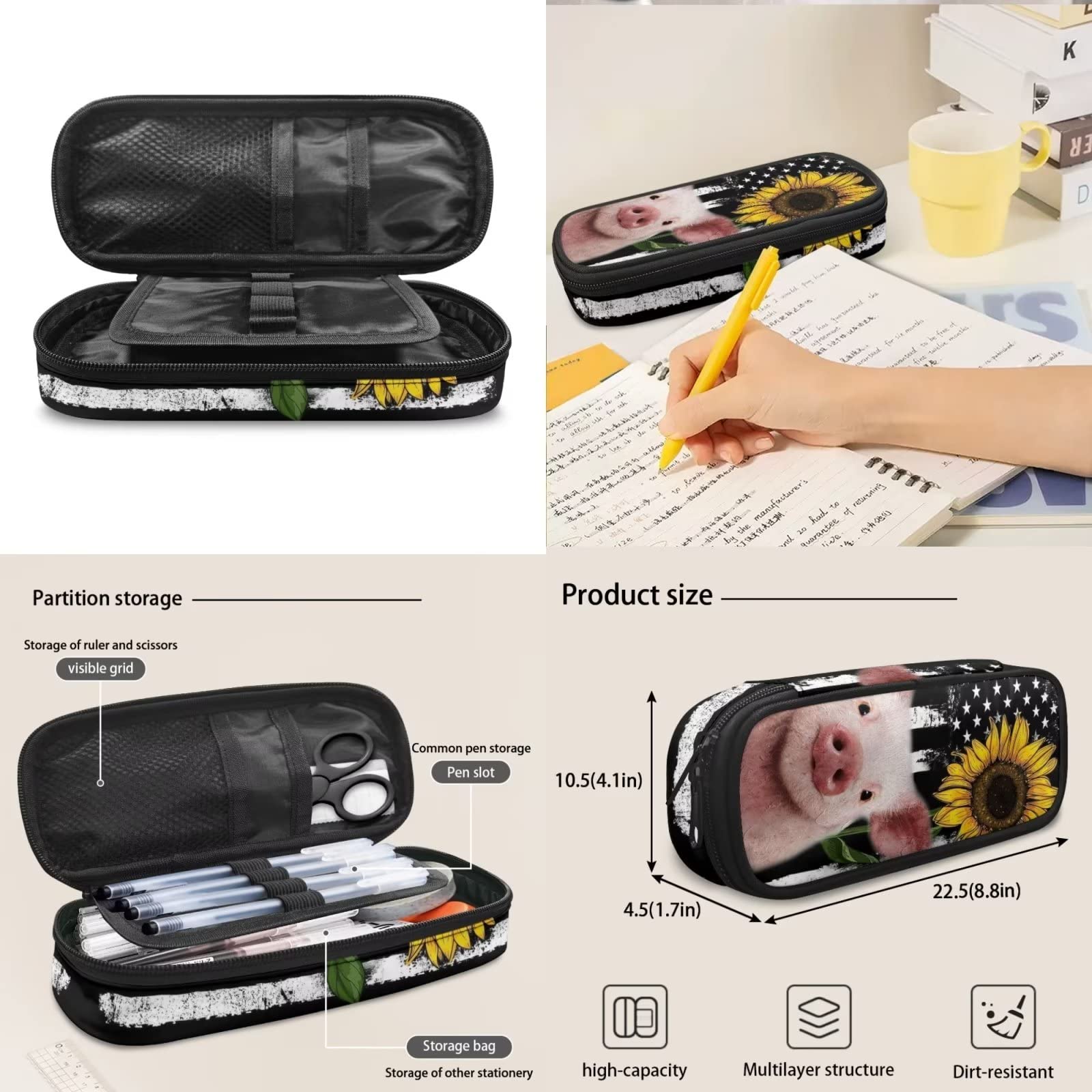 POLERO Mochila escolar de caballos para niños, juego de bolsas de almuerzo, estuche para lápices, 3 piezas, bolsas escolares, Bandera de Estados Unidos cerdo girasol, Talla única, Mochila infantil