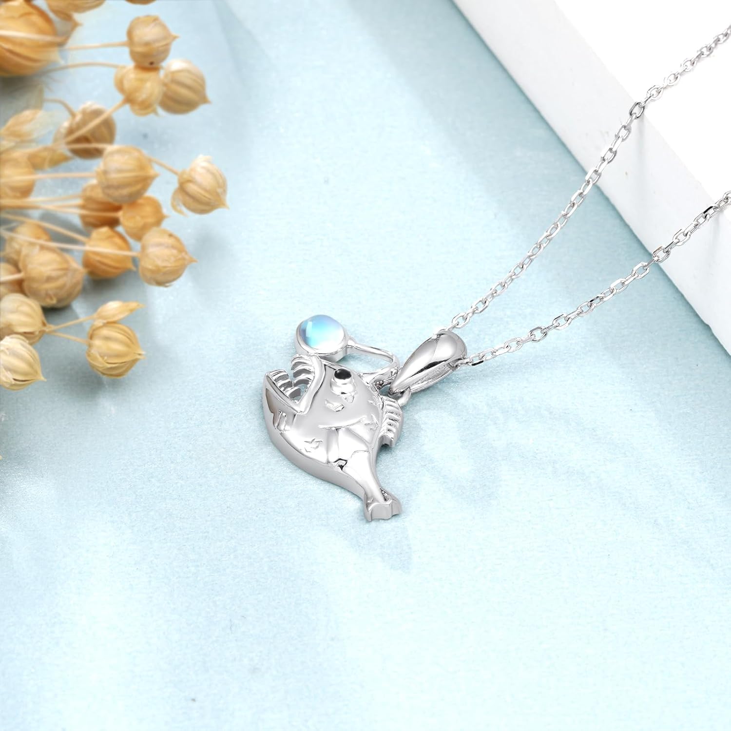 Angler Fish Moonstone Pendant Necklace 925 Sterling Silver Lantern Fish Necklace Angler Fish Jewelry Gifts for Women