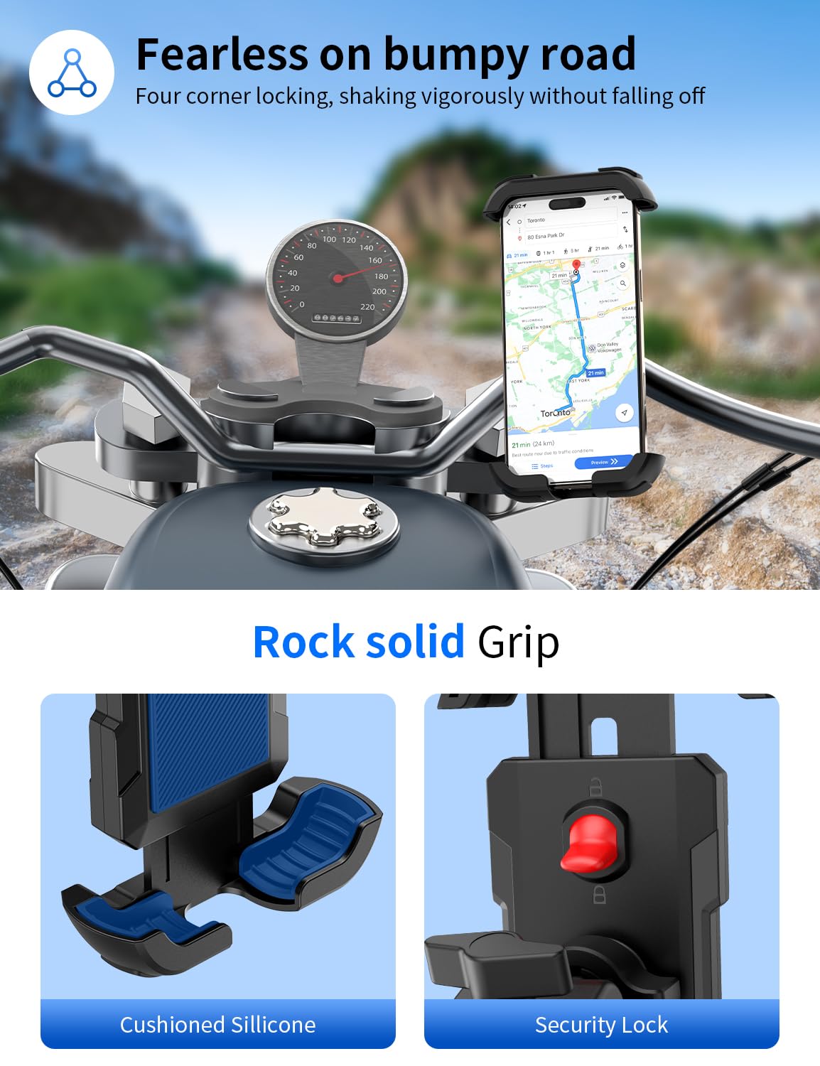 Bike Phone Holder, Motorcycle Phone Mount, [Camera Friendly] [Quick Install] [Double Locked]Clip for Scooter, 360° Rotate Cell Phone Clamp for iPhone 16 15 Pro Max/14/13, Galaxy and More 4.7-7" Phone