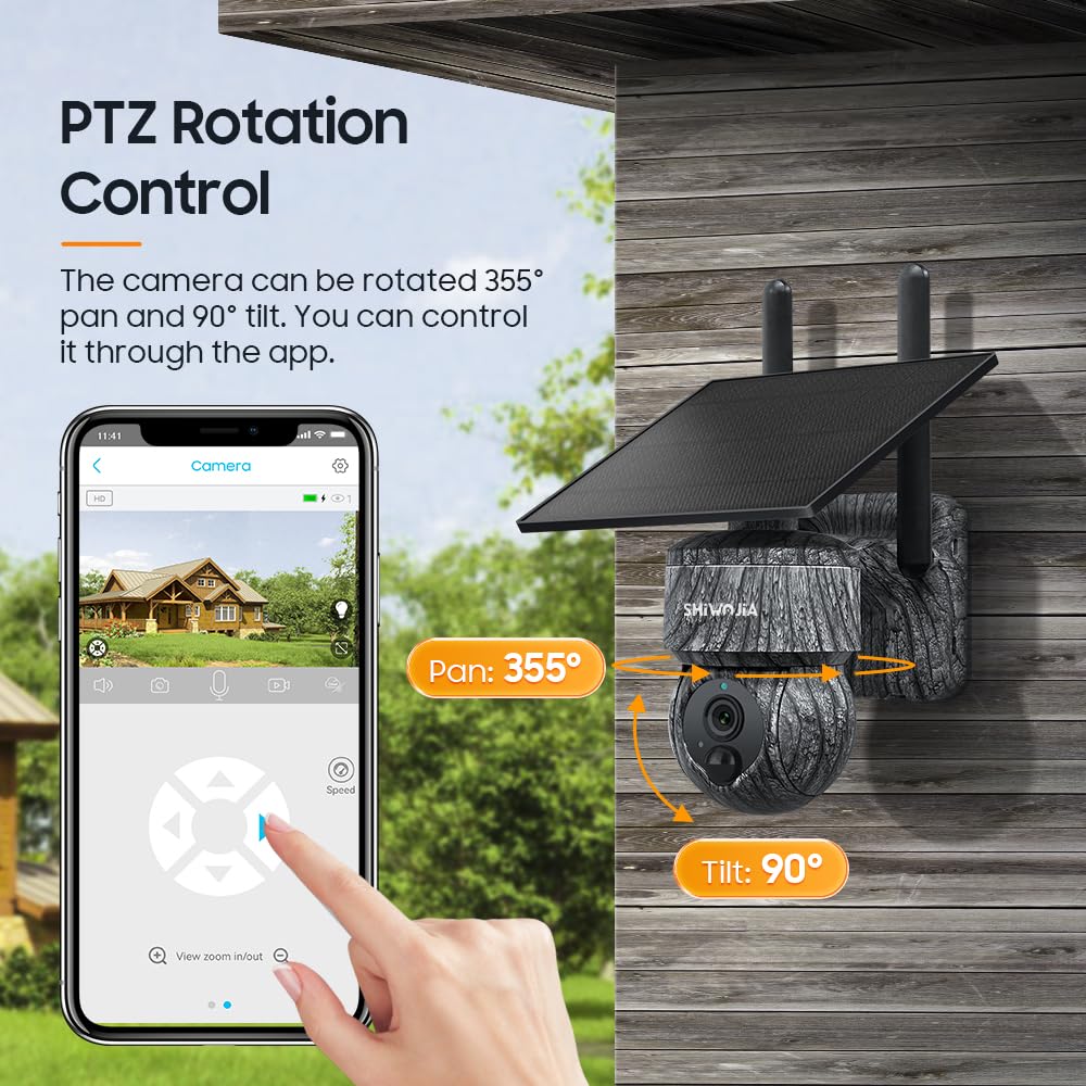SHIWOJIA 4G LTE Cámara de Vigilancia Exterior Solar con Tarjeta SIM, 2K 360° PTZ Cámara de Seguridad Solar,Audio de 2 vías, Sensor de Movimiento PIR, Visión Nocturna, IP66